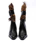 Charles Jourdan schwarze Mid-Calf Stiefel aus Leder mit Pelzbesatz