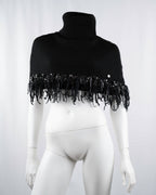 Miss Blumarine Jeans Black Knit Turtleneck Poncho with Embellished Fringe