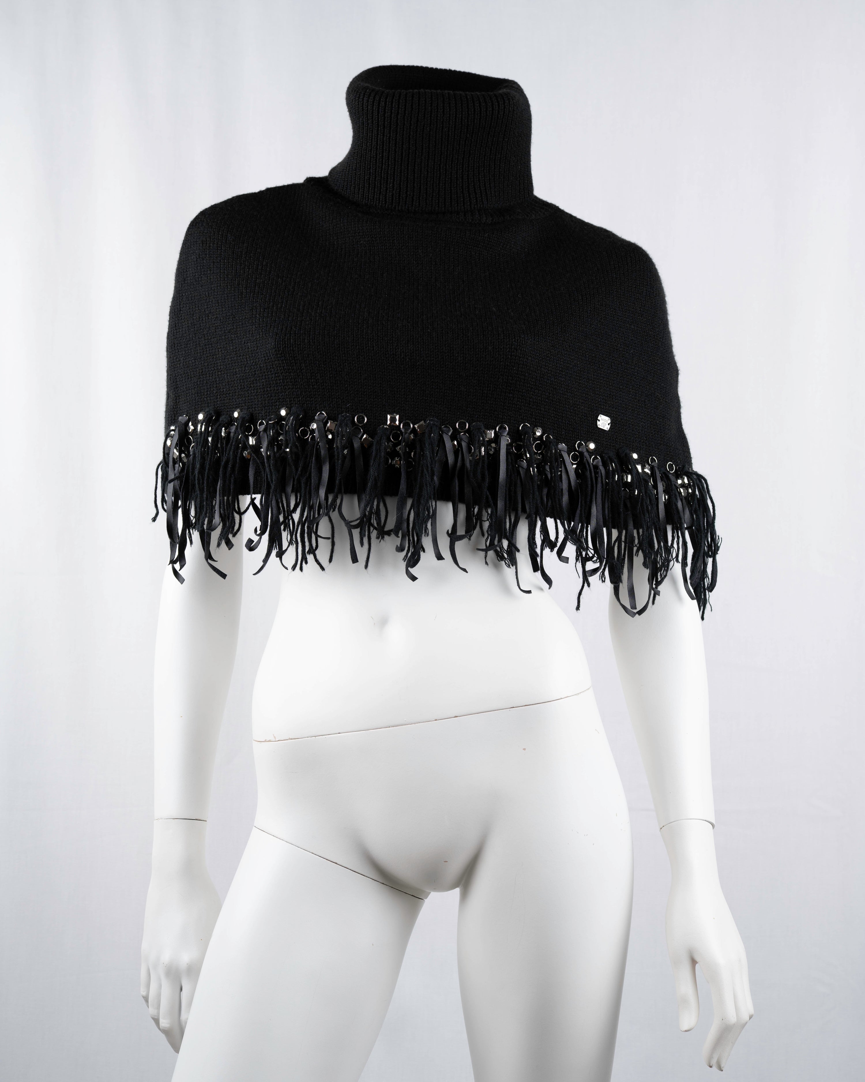 Miss Blumarine Jeans Black Knit Turtleneck Poncho with Embellished Fringe