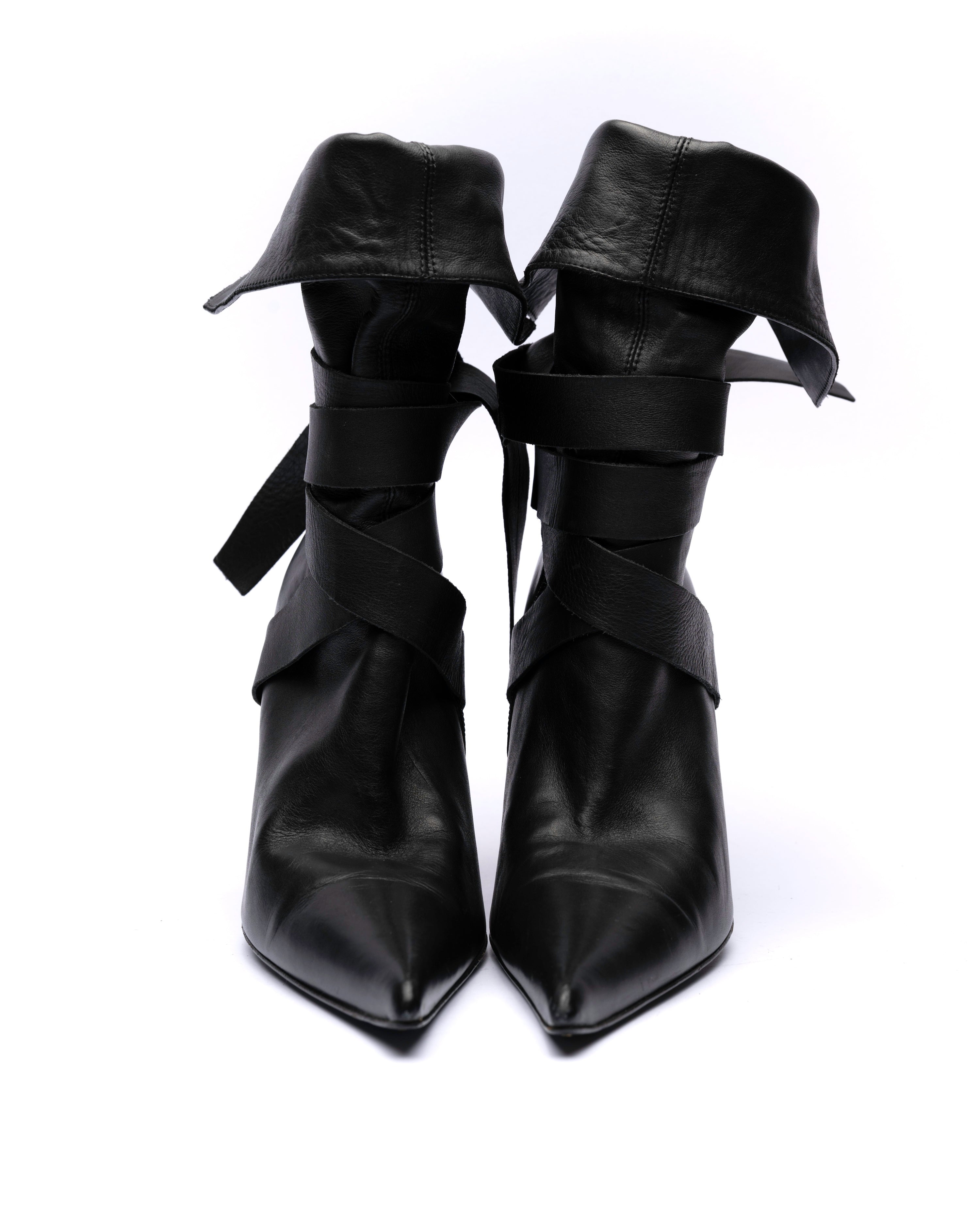 SHY Leather Wrap-Strap Fold-Over Ankle Boots