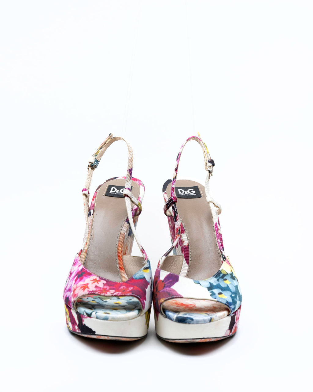 D&G Dolce & Gabbana Floral Print Fabric Platform Wedge Slingbacks