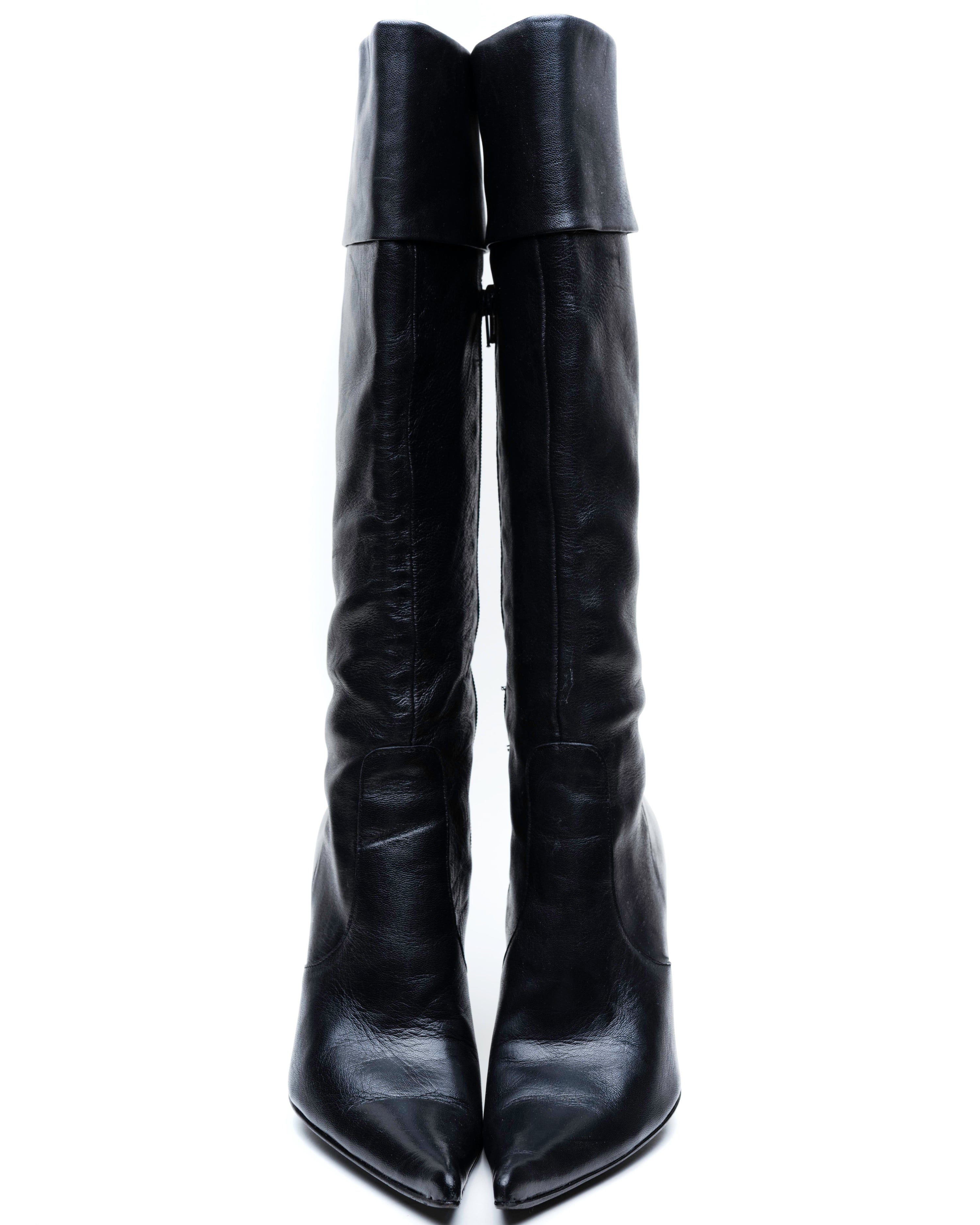 Black Leather Knee-High Stiletto Boots with Fold-Over Cuff