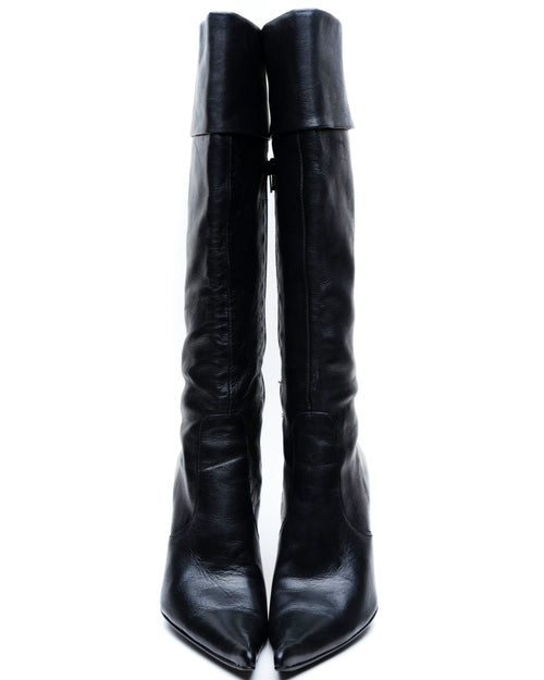 Black Leather Knee-High Stiletto Boots with Fold-Over Cuff