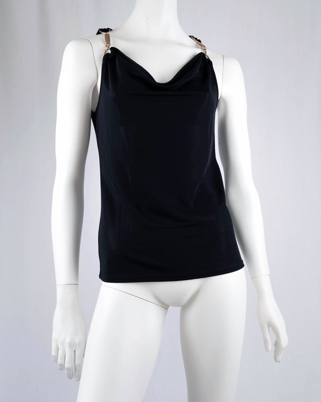Morgan de Toi Black Cowl-Neck Gold Hardware Camisole Top