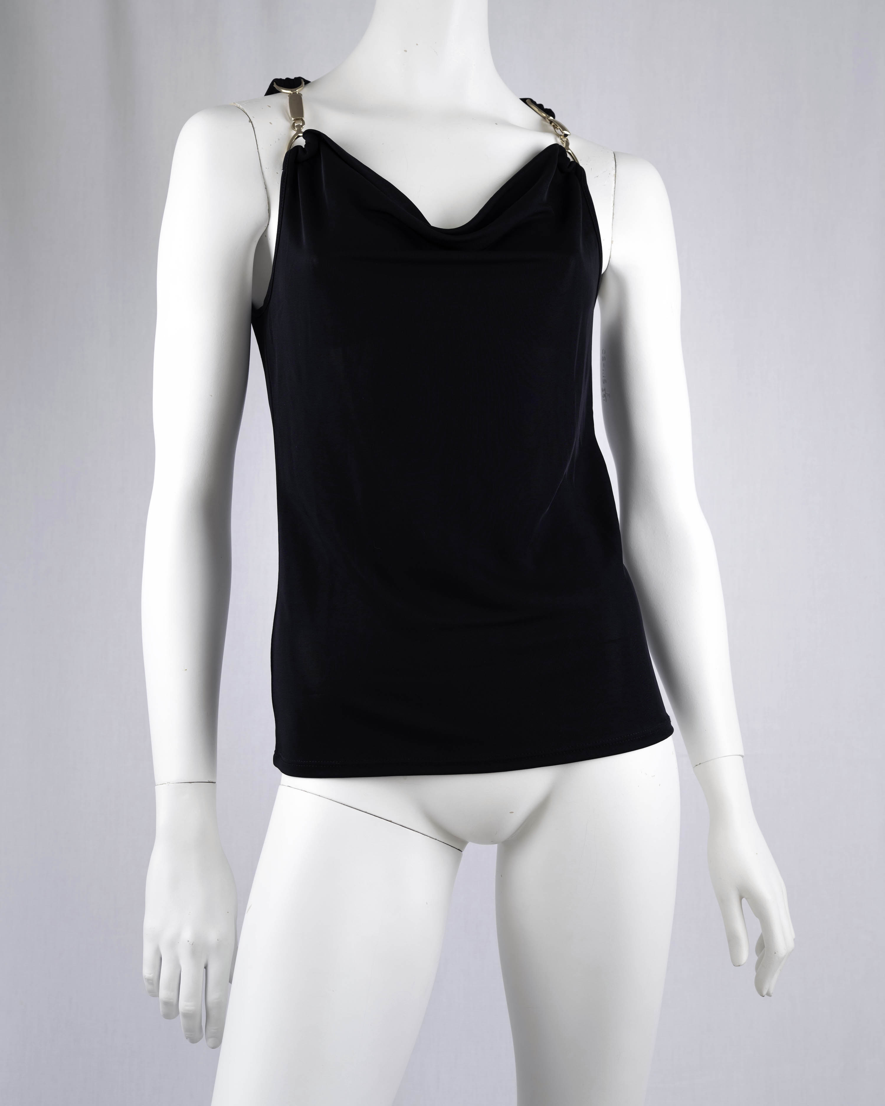 Morgan de Toi Black Cowl-Neck Gold Hardware Camisole Top