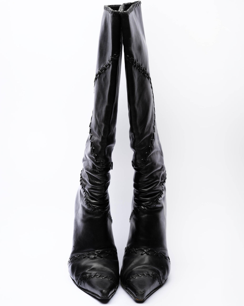 Casadei Black Leather Whipstitch Knee-High Boots