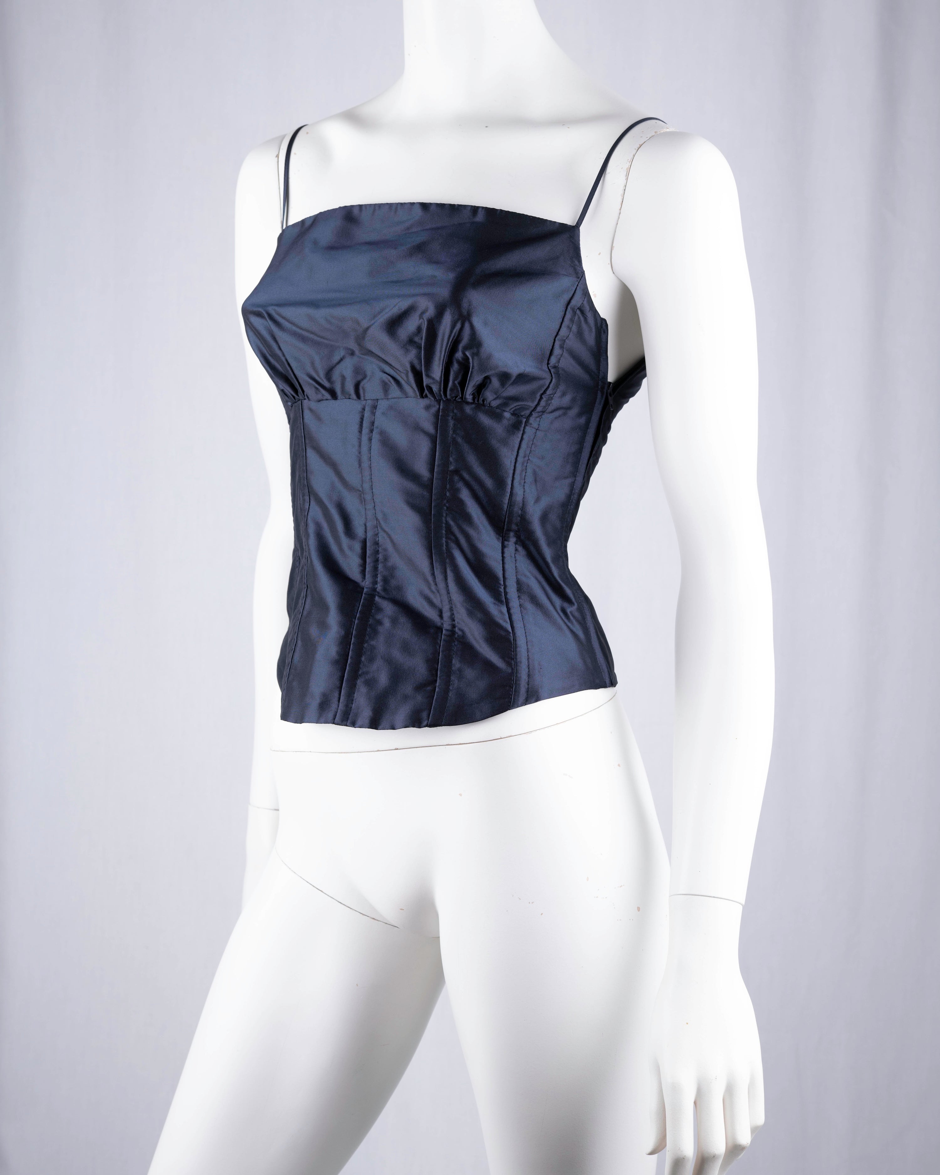 René Lezard Navy Silk Corset Top with Side Zip