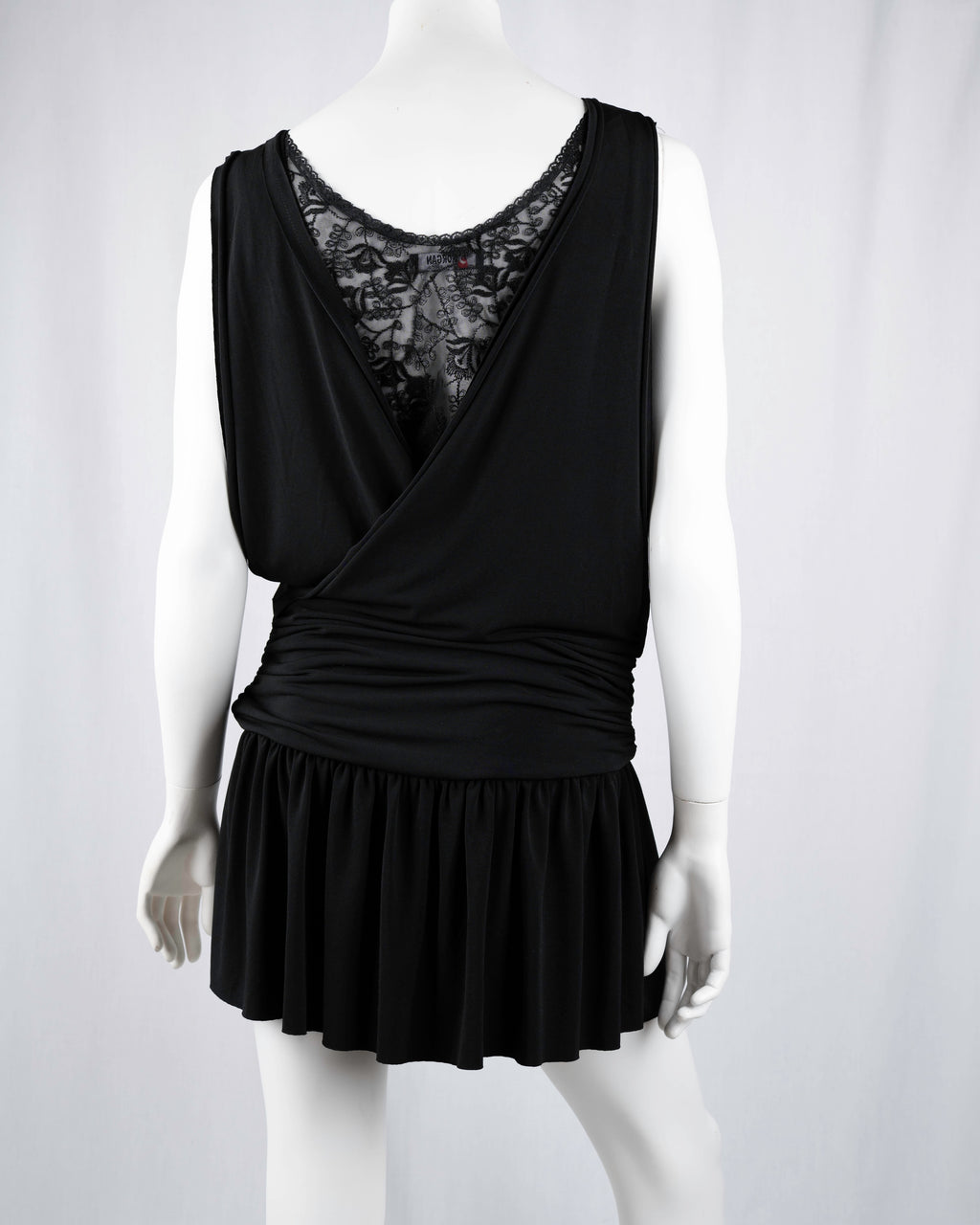 Morgan de Toi Black Lace Insert Draped Mini Dress