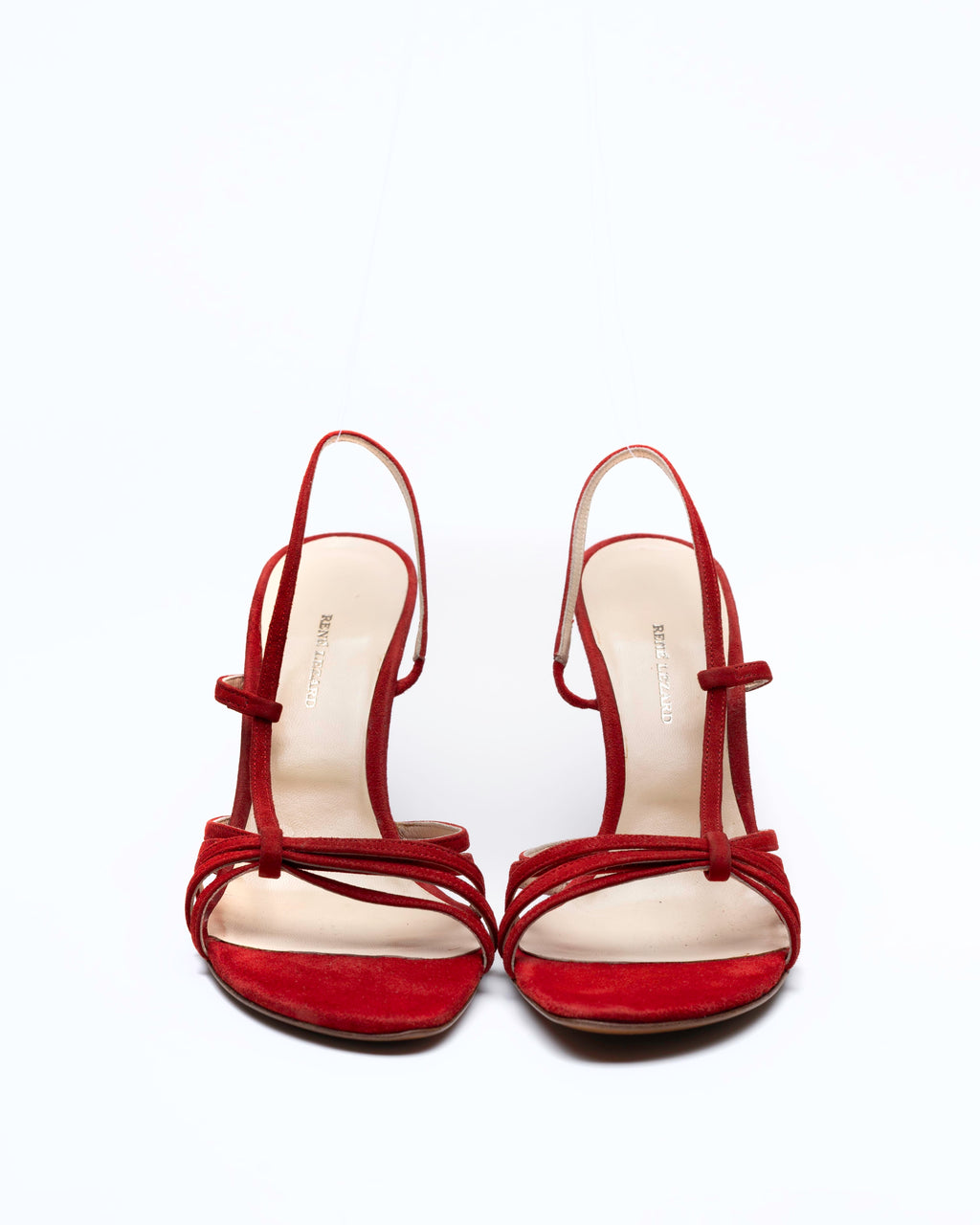René Lézard Blood Red Suede Sculptural Wedge Slingbacks