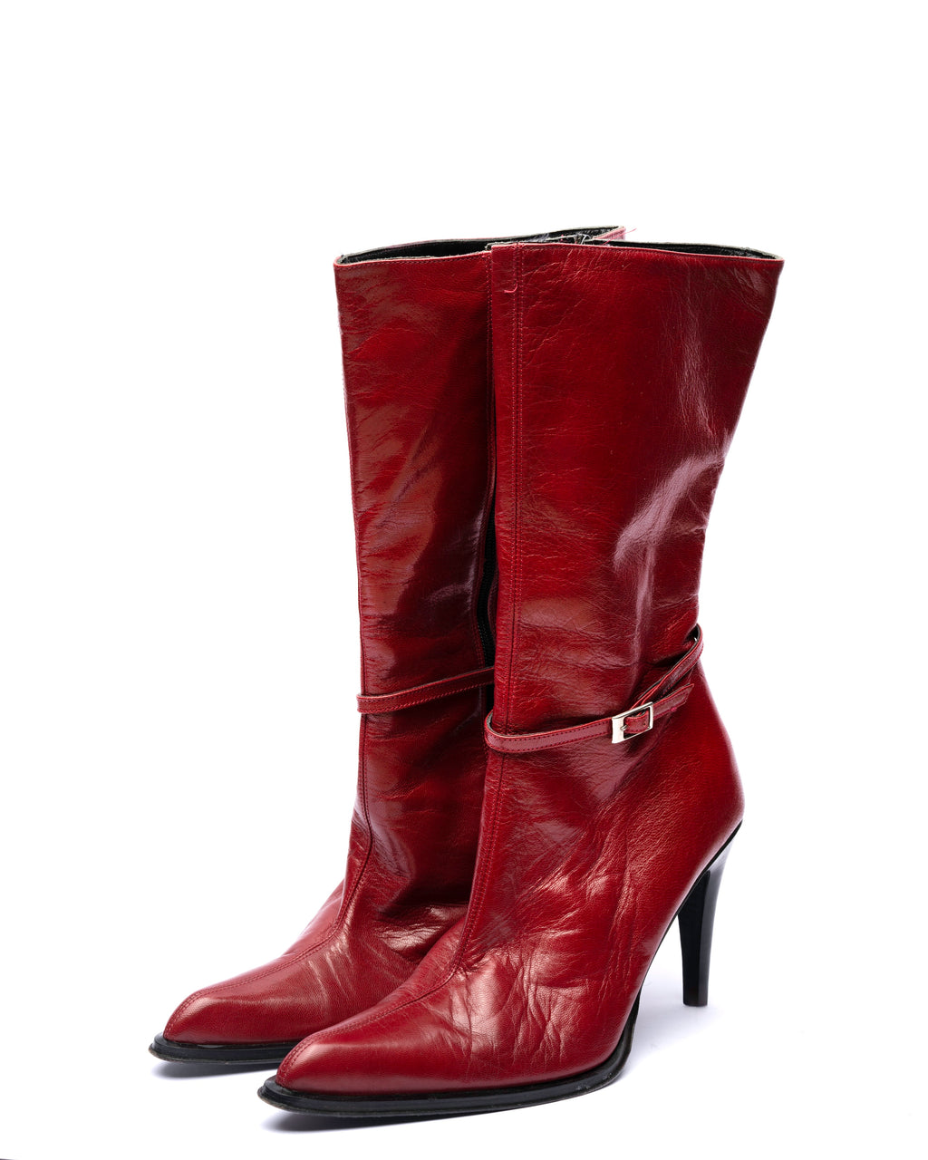Patrizzia Neri Red Leather Mid-Calf Boots