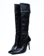 Black Leather Knee-High Stiletto Boots with Fold-Over Cuff