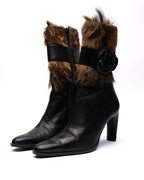 Charles Jourdan schwarze Mid-Calf Stiefel aus Leder mit Pelzbesatz