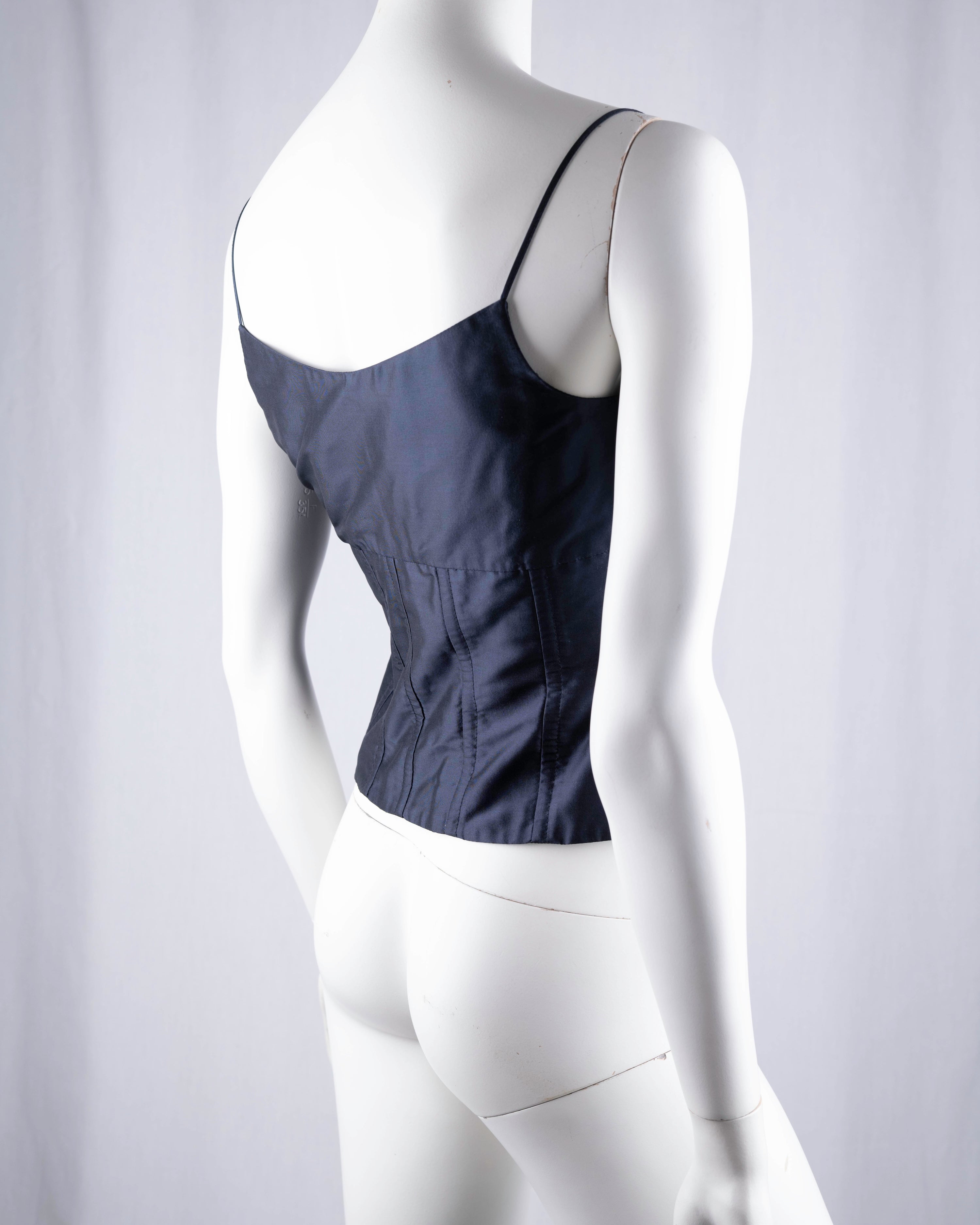 René Lezard Navy Silk Corset Top with Side Zip