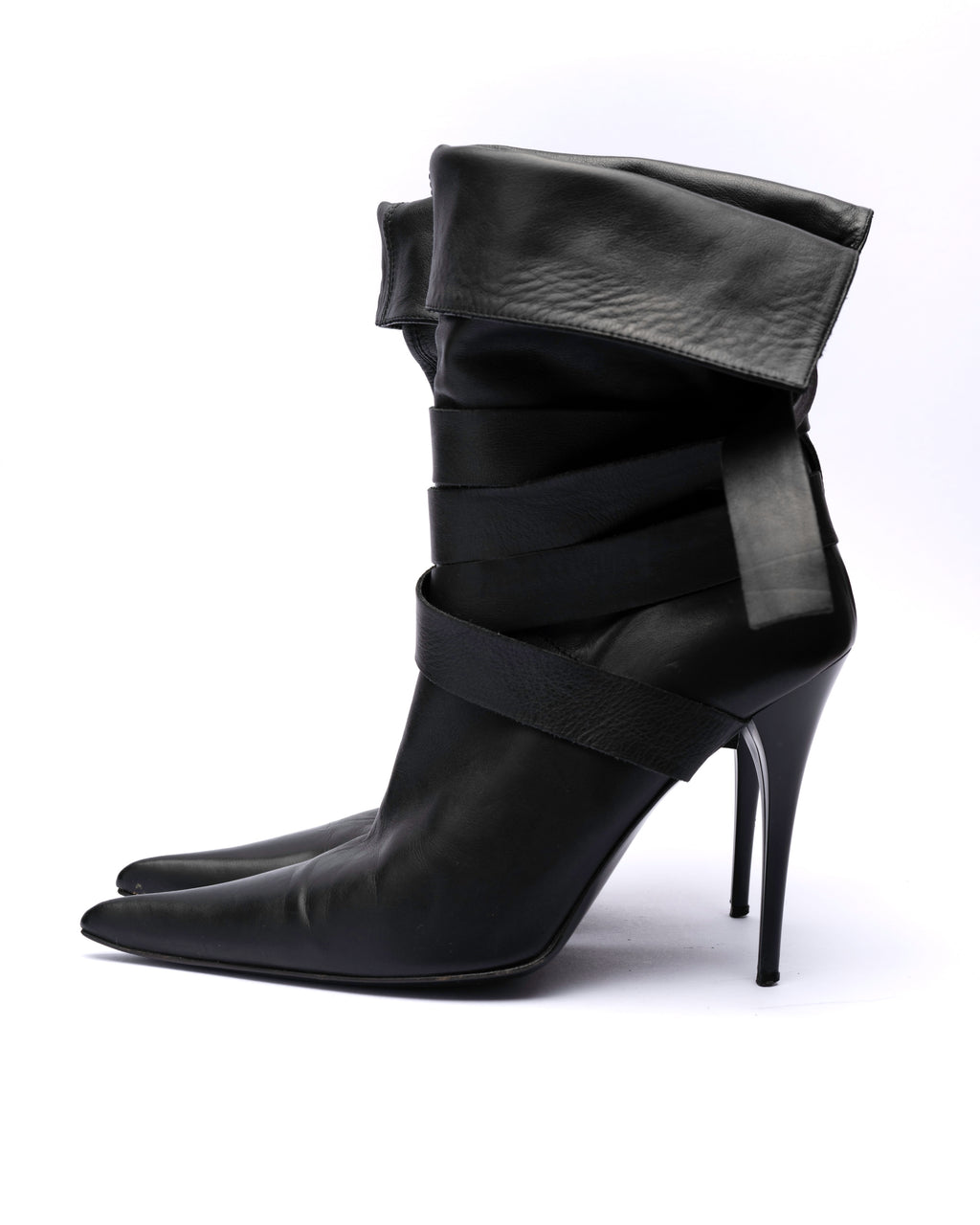SHY Leather Wrap-Strap Fold-Over Ankle Boots