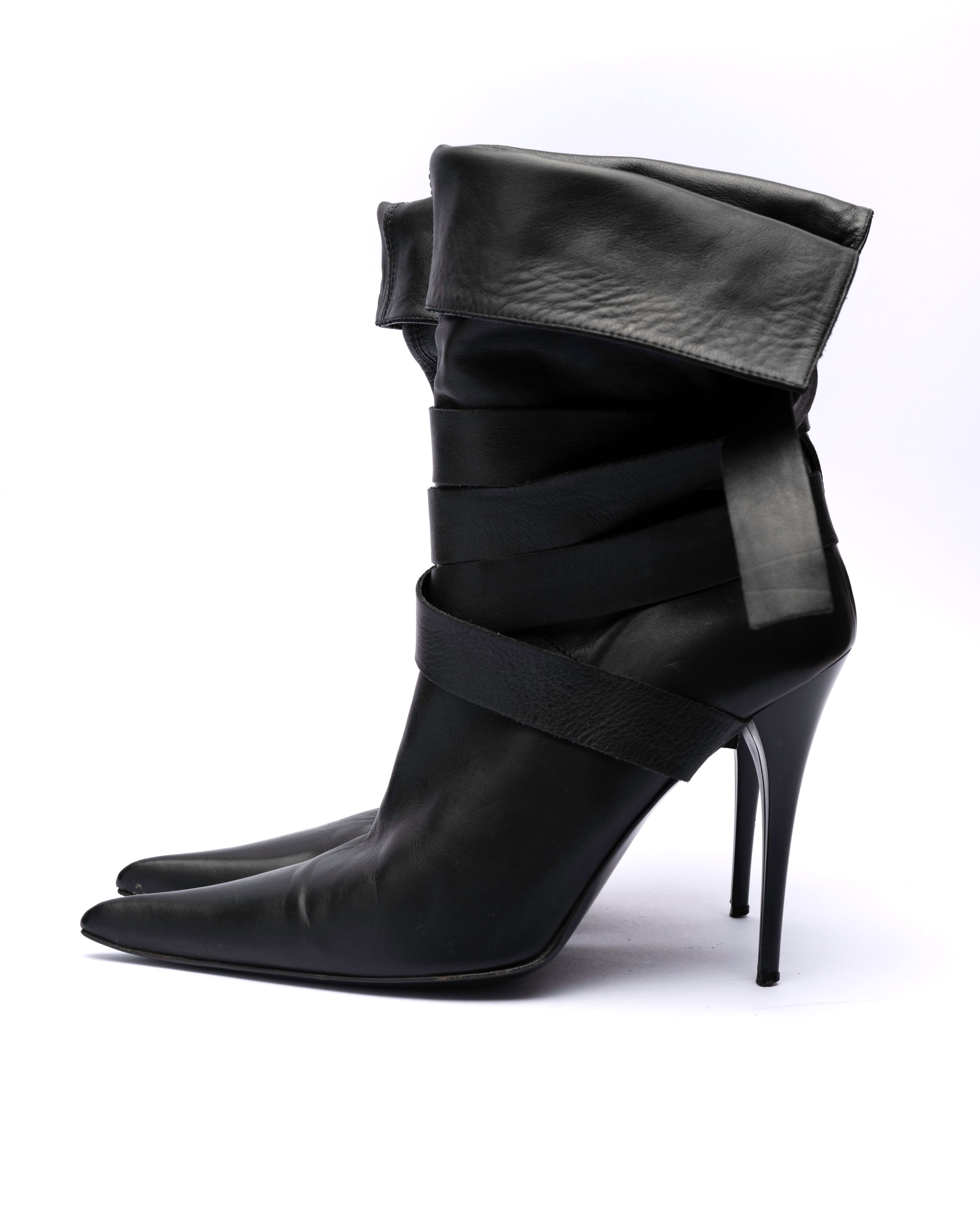 SHY Leather Wrap-Strap Fold-Over Ankle Boots