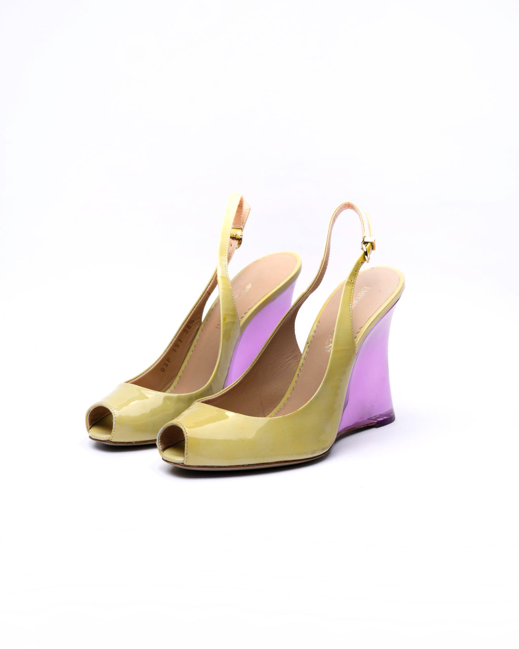 Emporio Armani Patent Leather Lucite Wedge Slingbacks