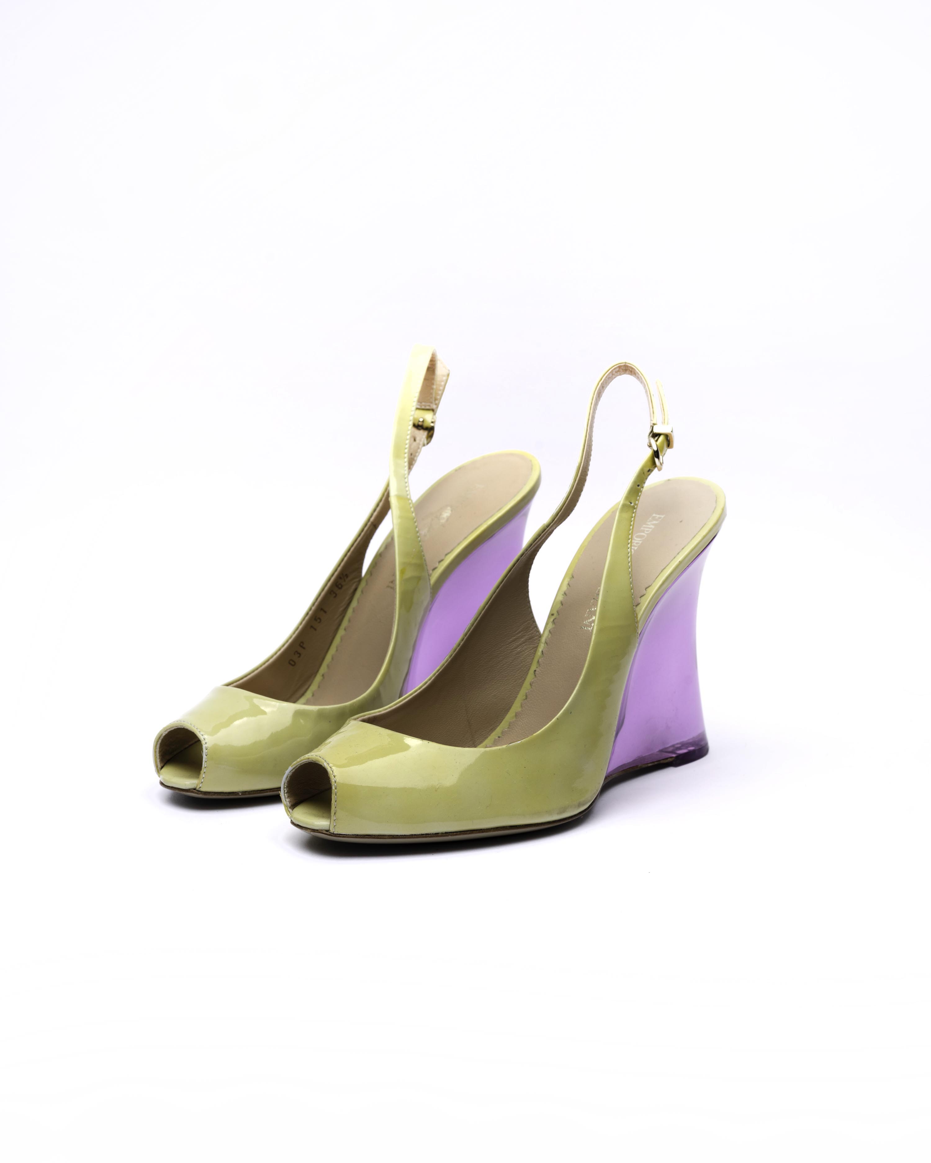 Emporio Armani Patent Leather Lucite Wedge Slingbacks