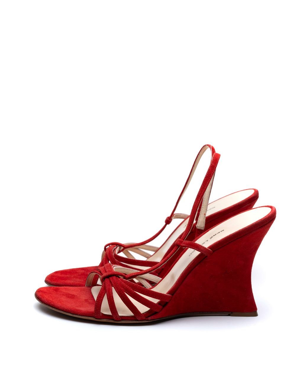 René Lézard Blood Red Suede Sculptural Wedge Slingbacks