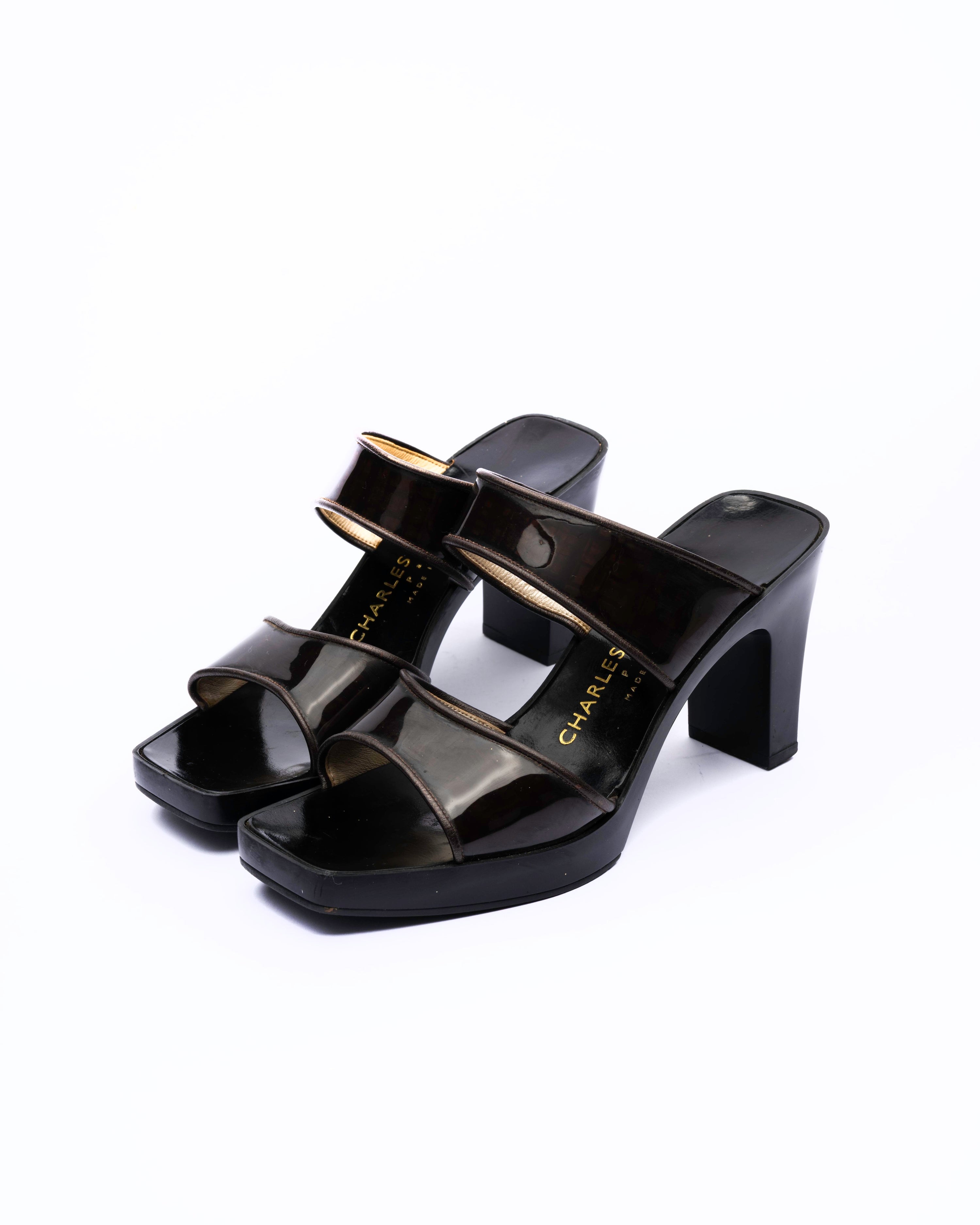 Charles Jourdan Black Patent Leather Platform Mules