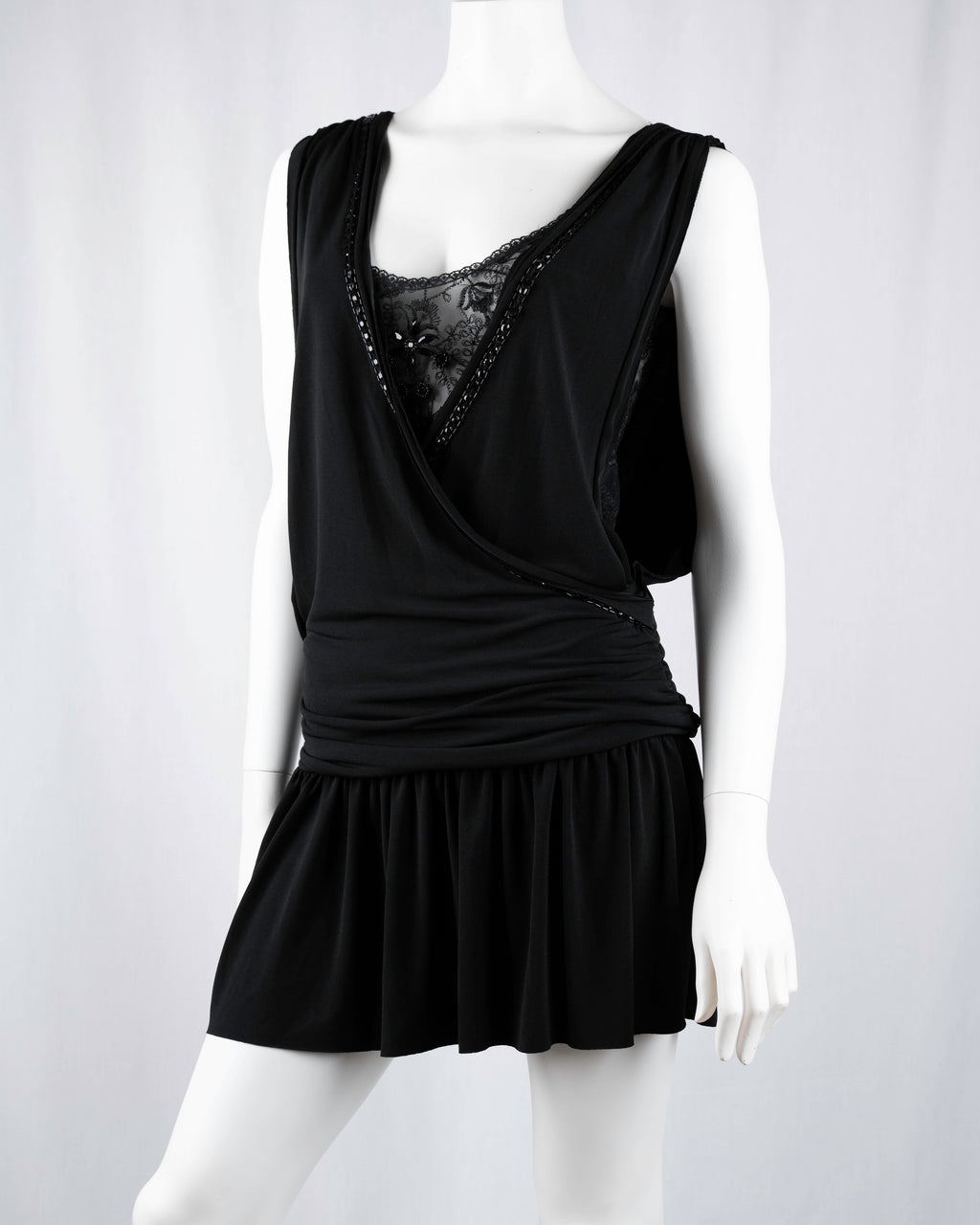 Morgan de Toi Black Lace Insert Draped Mini Dress