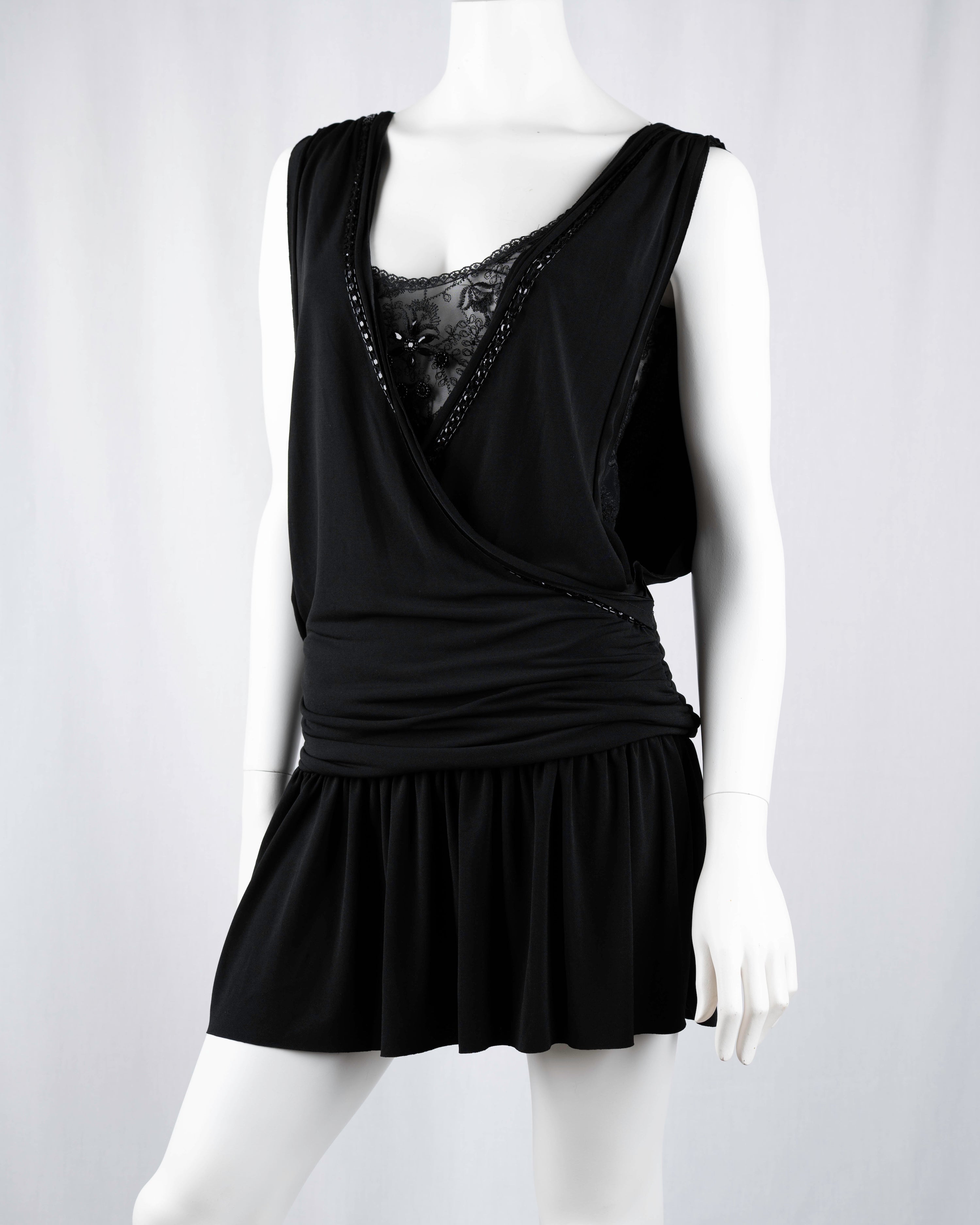 Morgan de Toi Black Lace Insert Draped Mini Dress