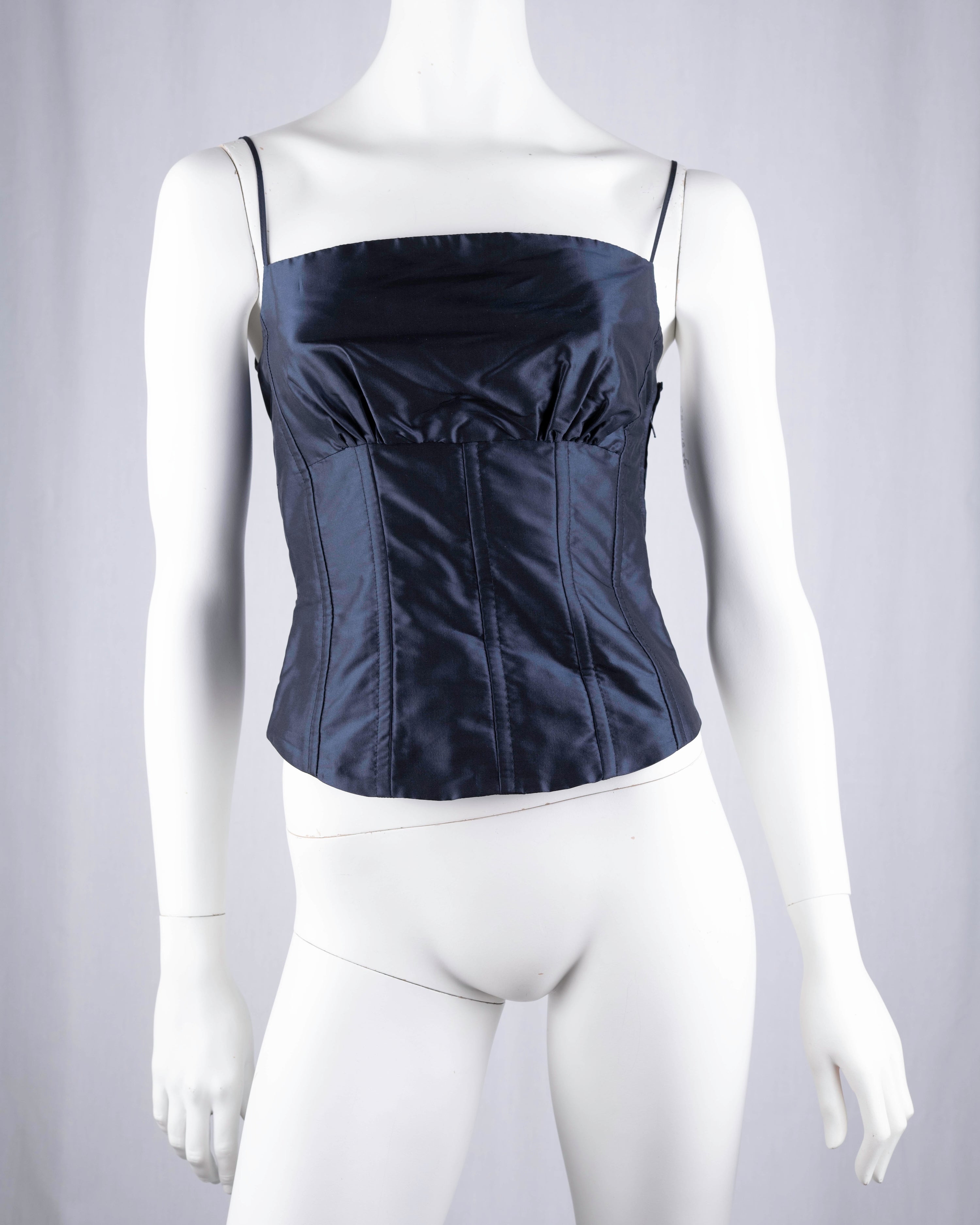 René Lezard Navy Silk Corset Top with Side Zip