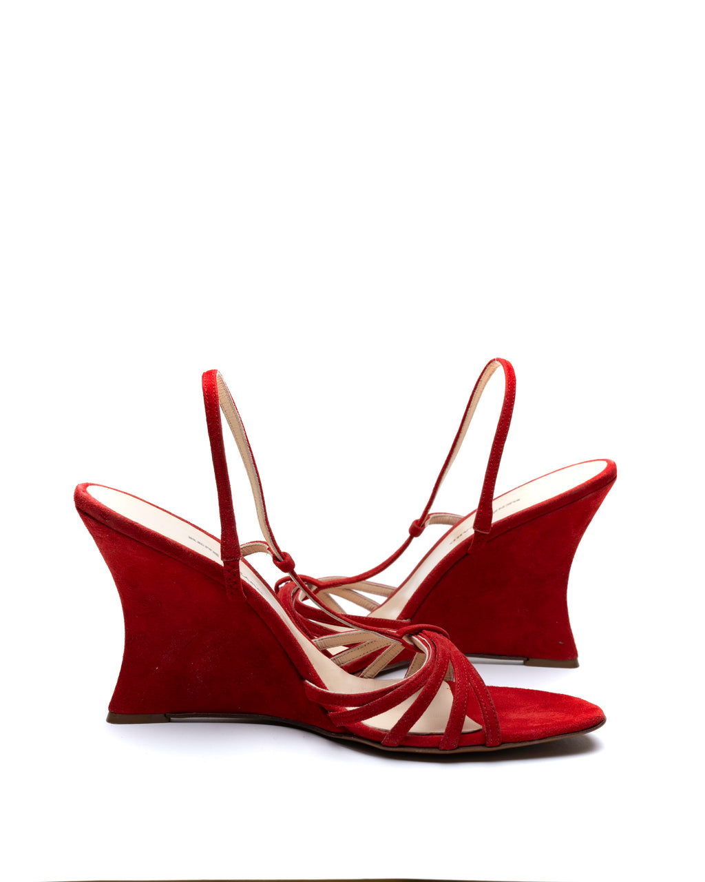 René Lézard Blood Red Suede Sculptural Wedge Slingbacks