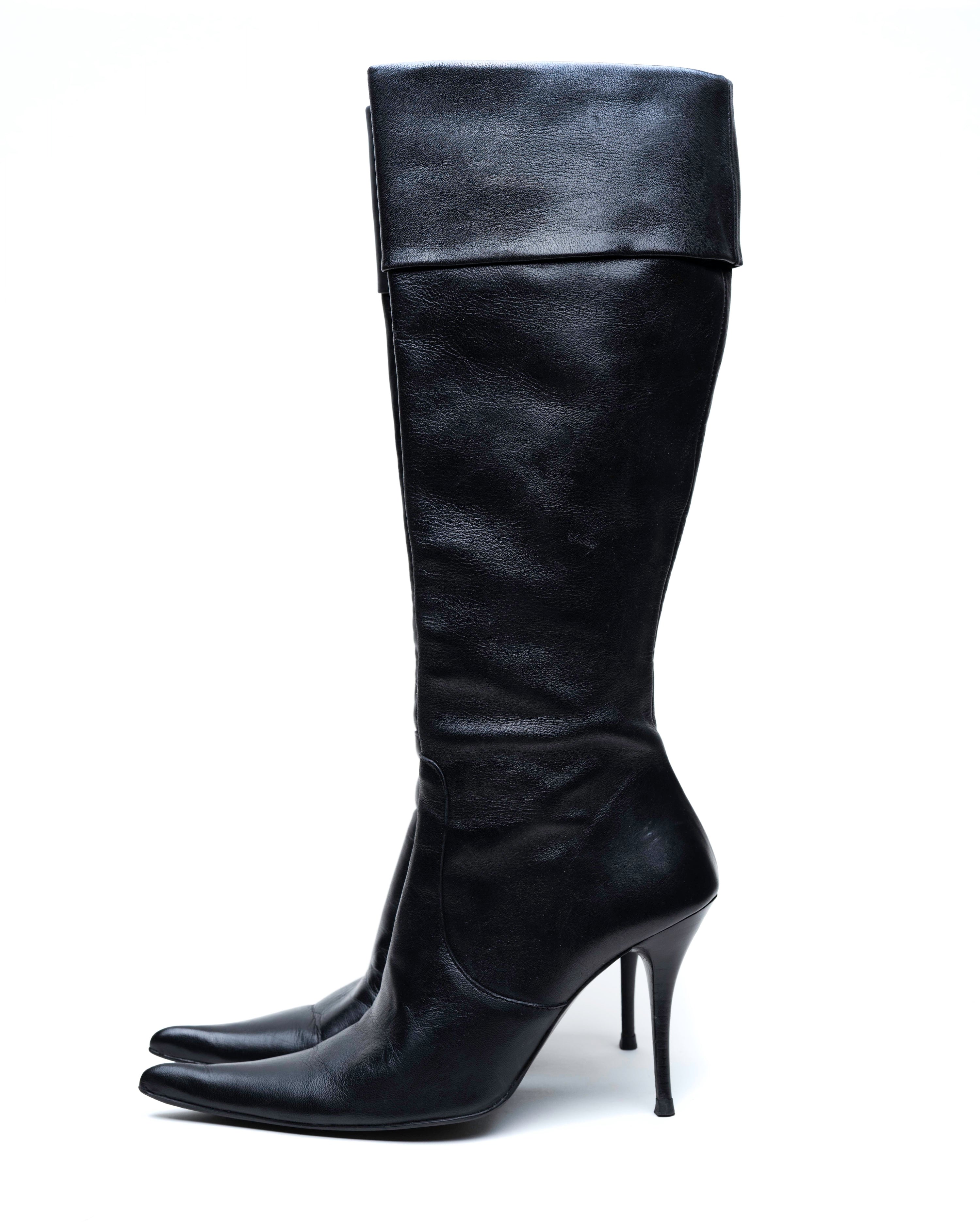 Black Leather Knee-High Stiletto Boots with Fold-Over Cuff