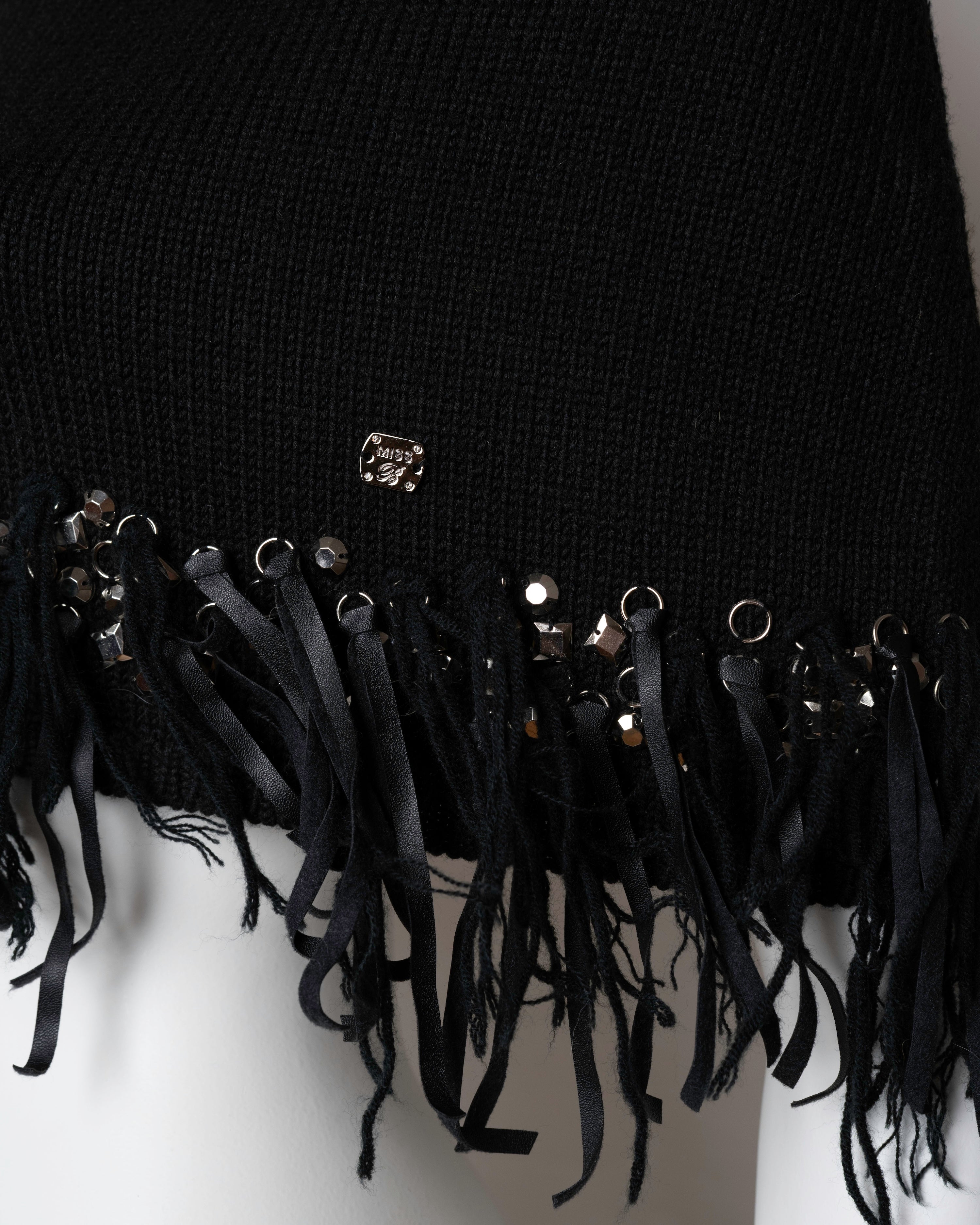 Miss Blumarine Jeans Black Knit Turtleneck Poncho with Embellished Fringe
