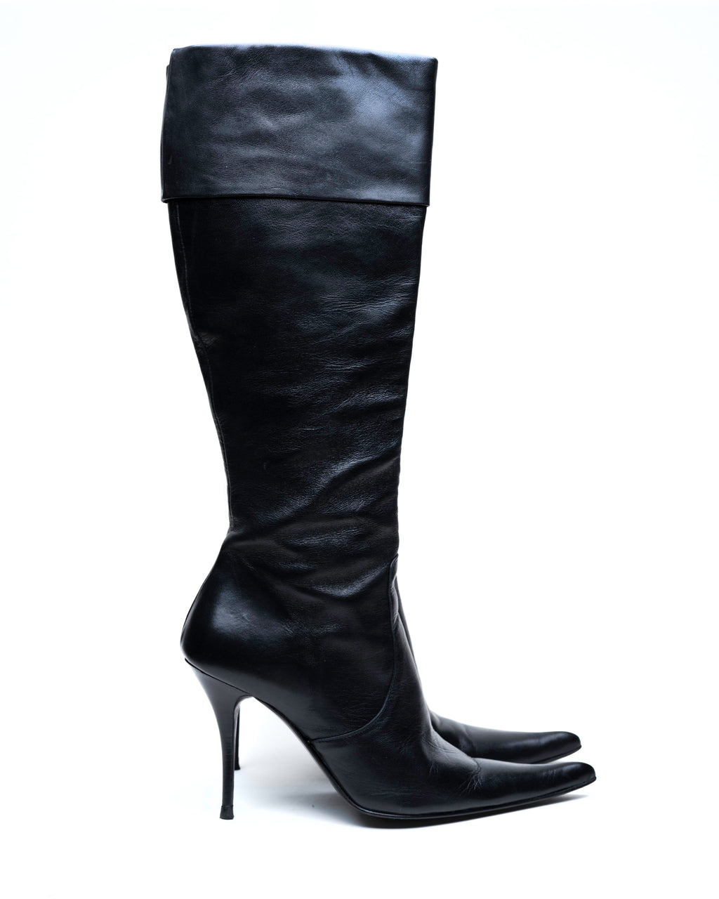Black Leather Knee-High Stiletto Boots with Fold-Over Cuff