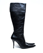 Black Leather Knee-High Stiletto Boots with Fold-Over Cuff