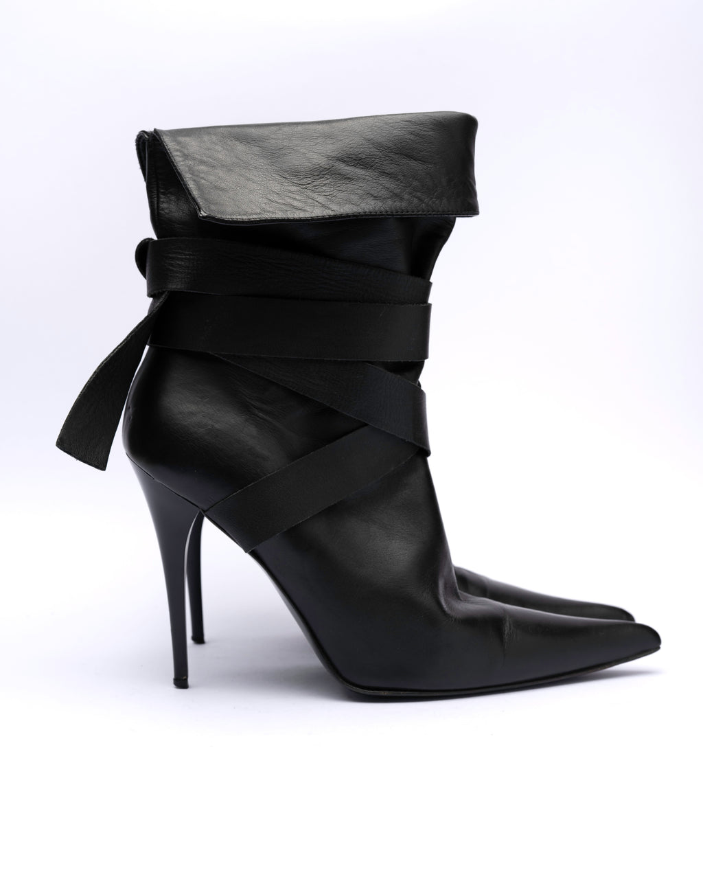 SHY Leather Wrap-Strap Fold-Over Ankle Boots
