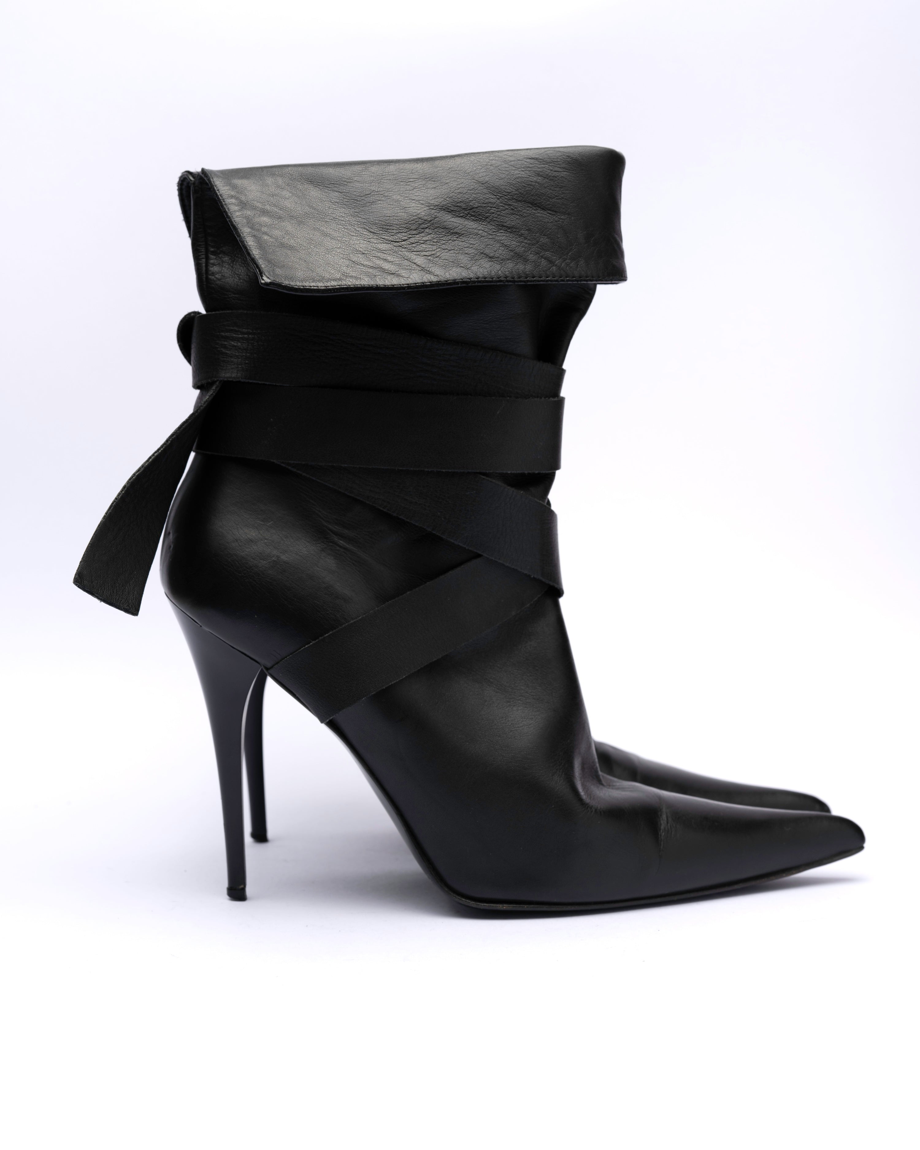 SHY Leather Wrap-Strap Fold-Over Ankle Boots