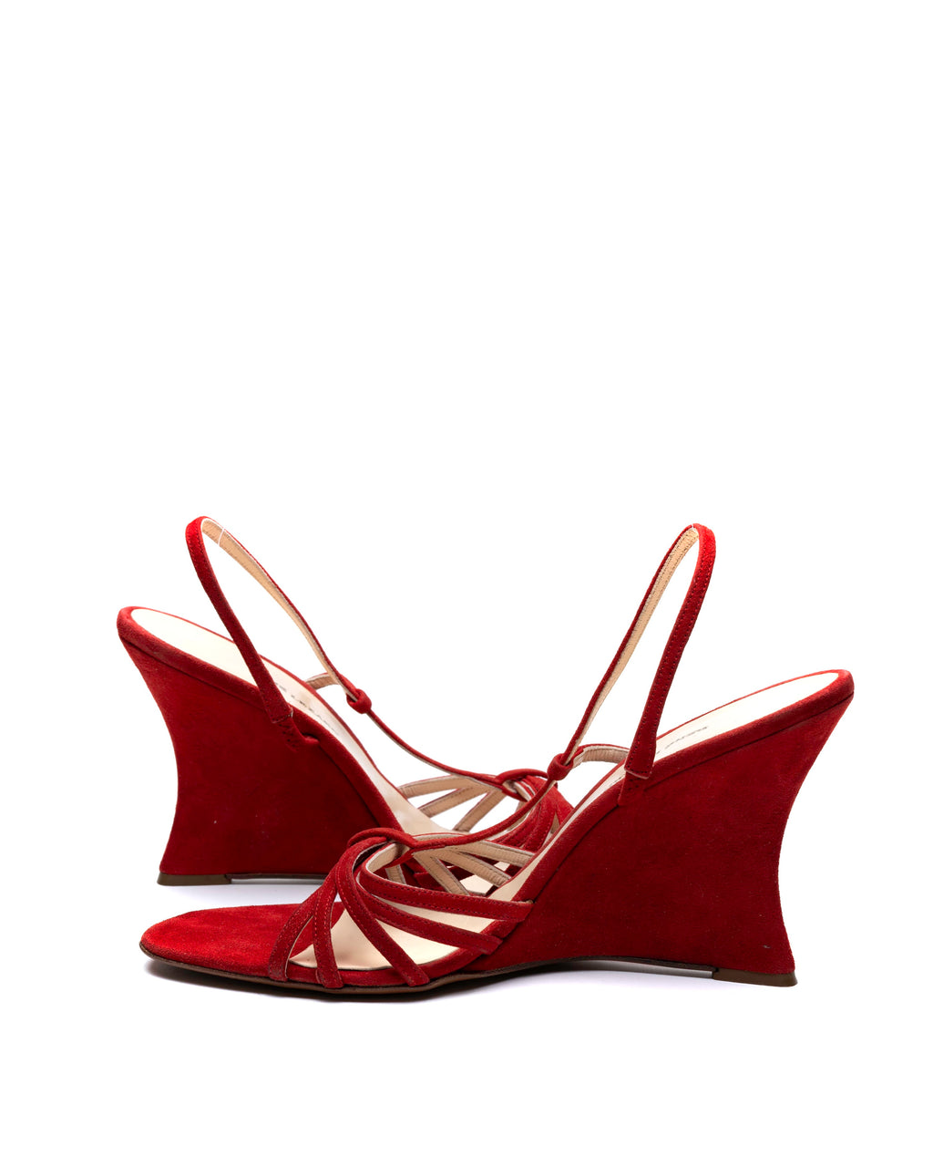 René Lézard Blood Red Suede Sculptural Wedge Slingbacks