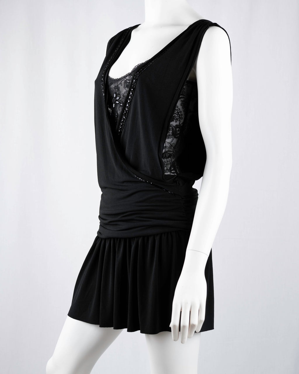 Morgan de Toi Black Lace Insert Draped Mini Dress