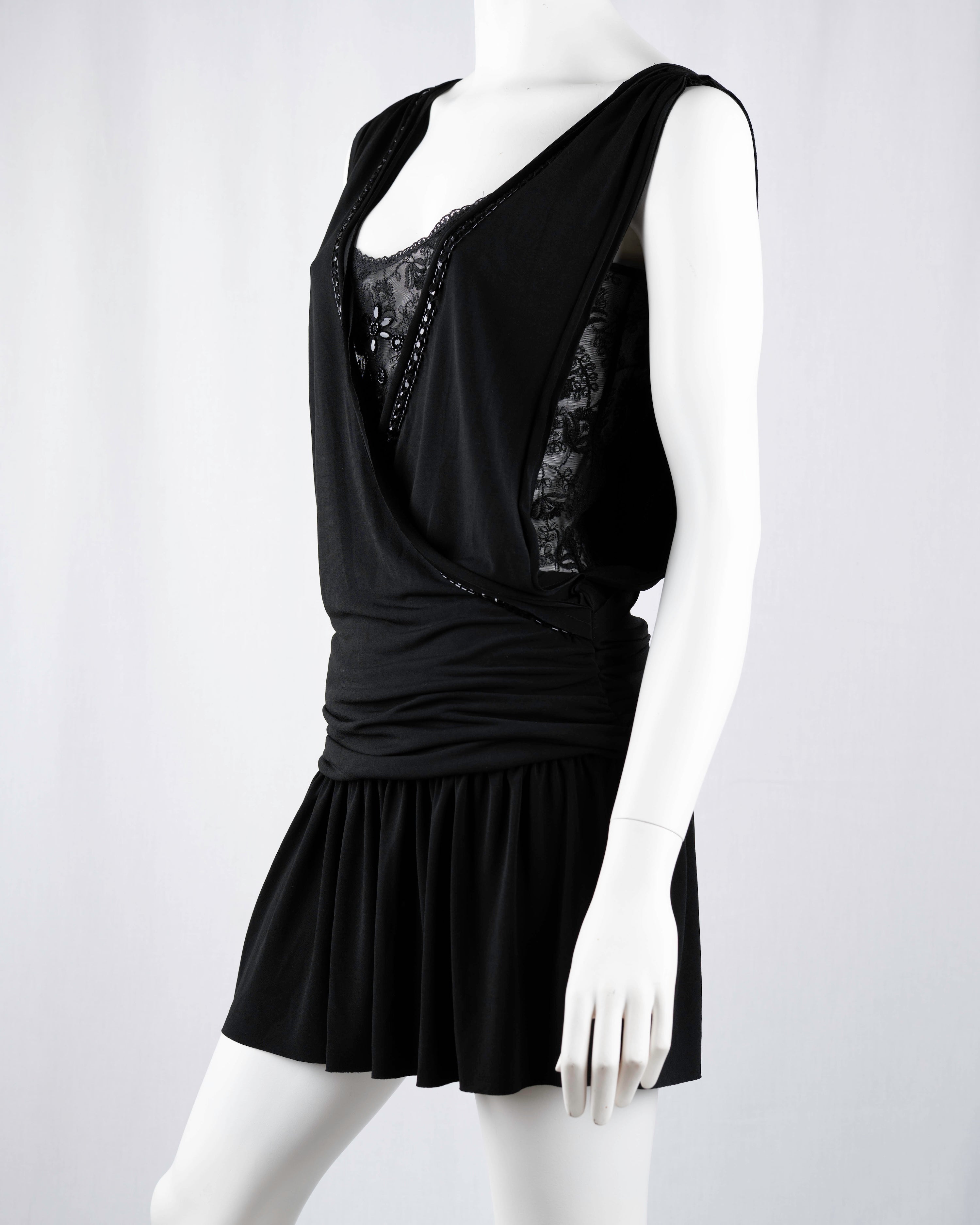 Morgan de Toi Black Lace Insert Draped Mini Dress