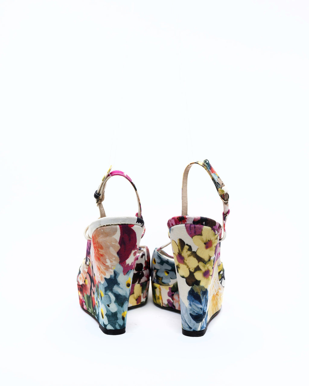 D&G Dolce & Gabbana Floral Print Fabric Platform Wedge Slingbacks