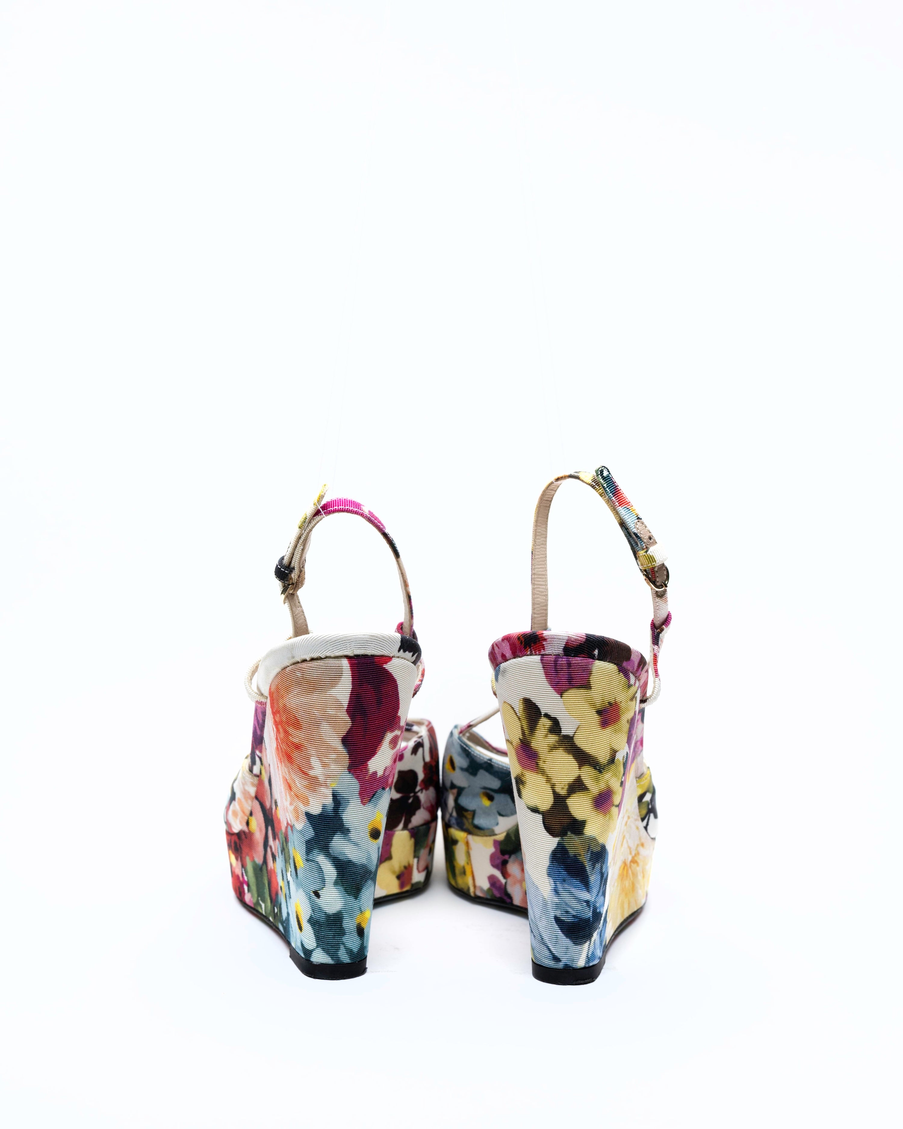 D&G Dolce & Gabbana Floral Print Fabric Platform Wedge Slingbacks