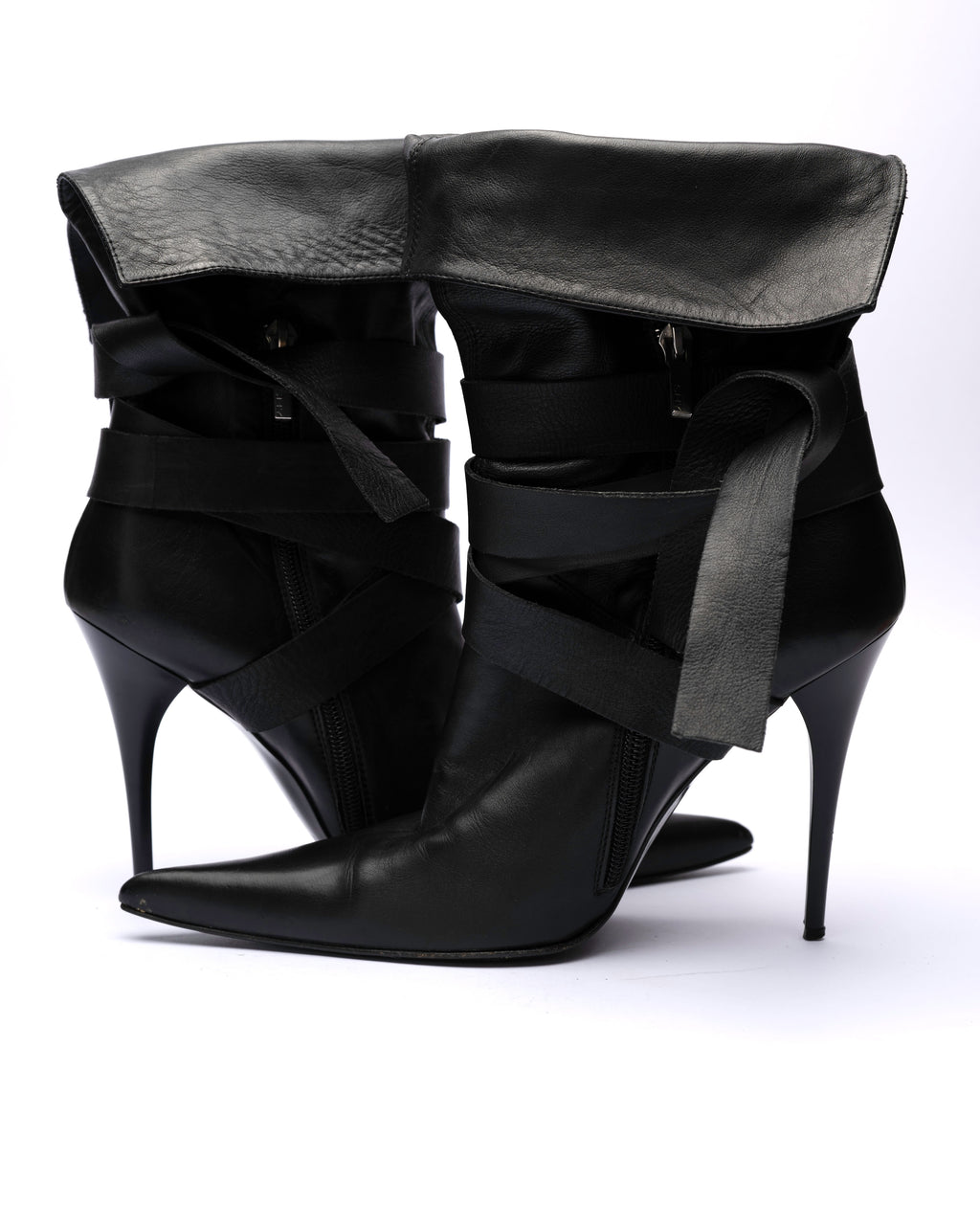 SHY Leather Wrap-Strap Fold-Over Ankle Boots
