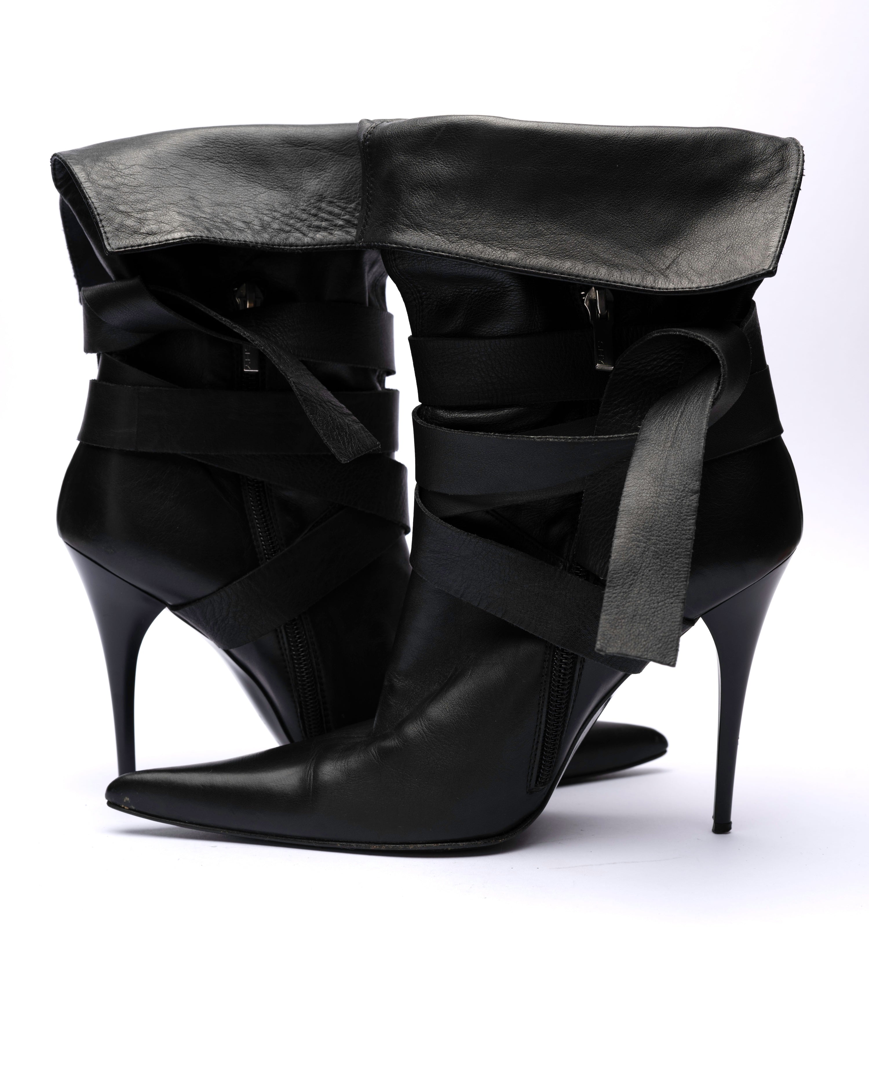 SHY Leather Wrap-Strap Fold-Over Ankle Boots