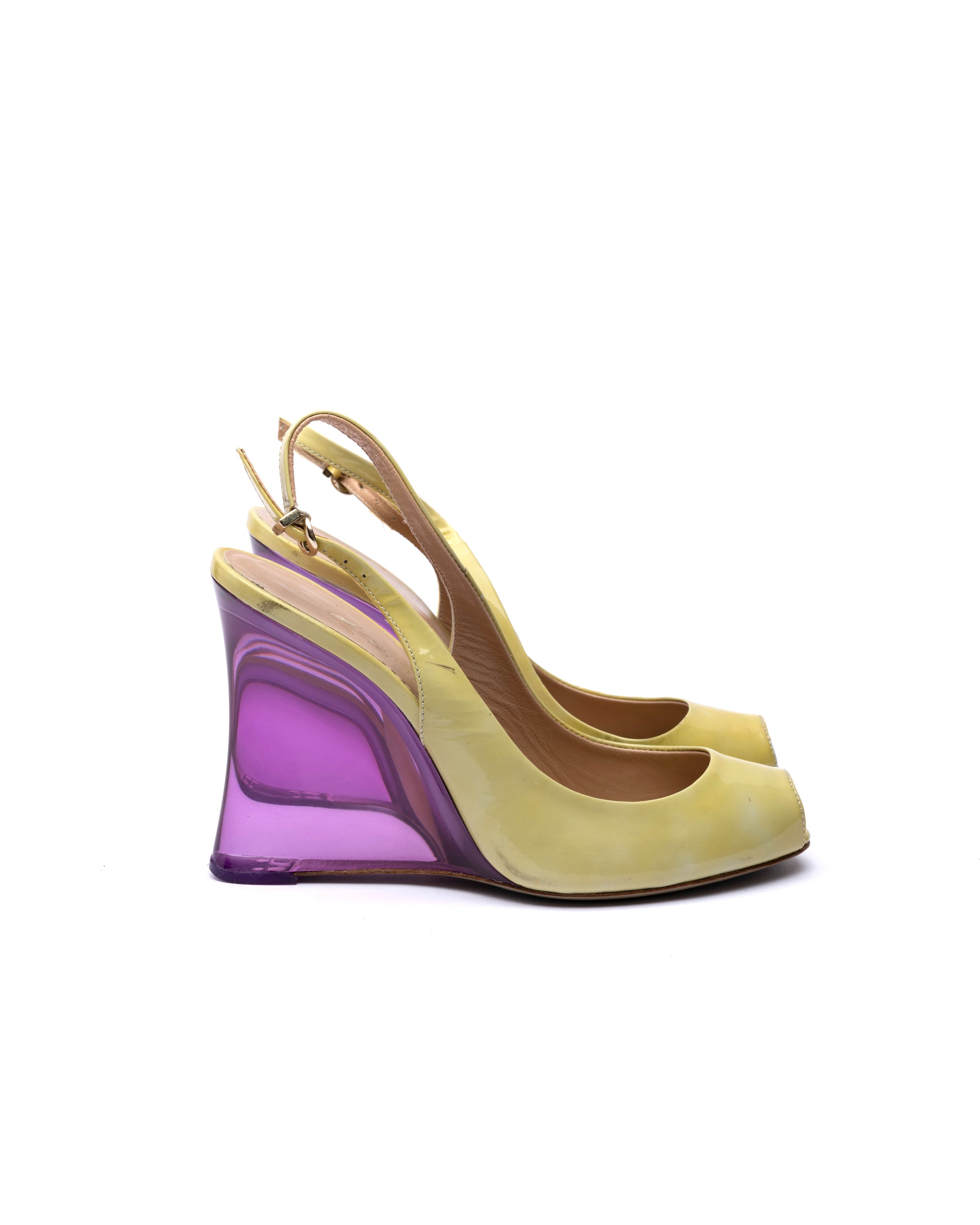 Emporio Armani Patent Leather Lucite Wedge Slingbacks