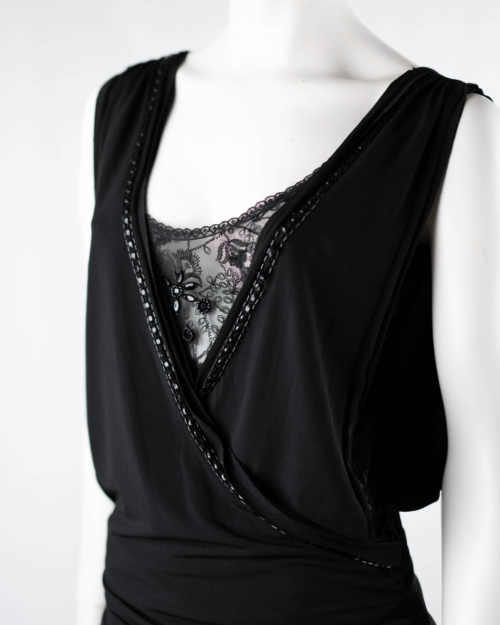 Morgan de Toi Black Lace Insert Draped Mini Dress