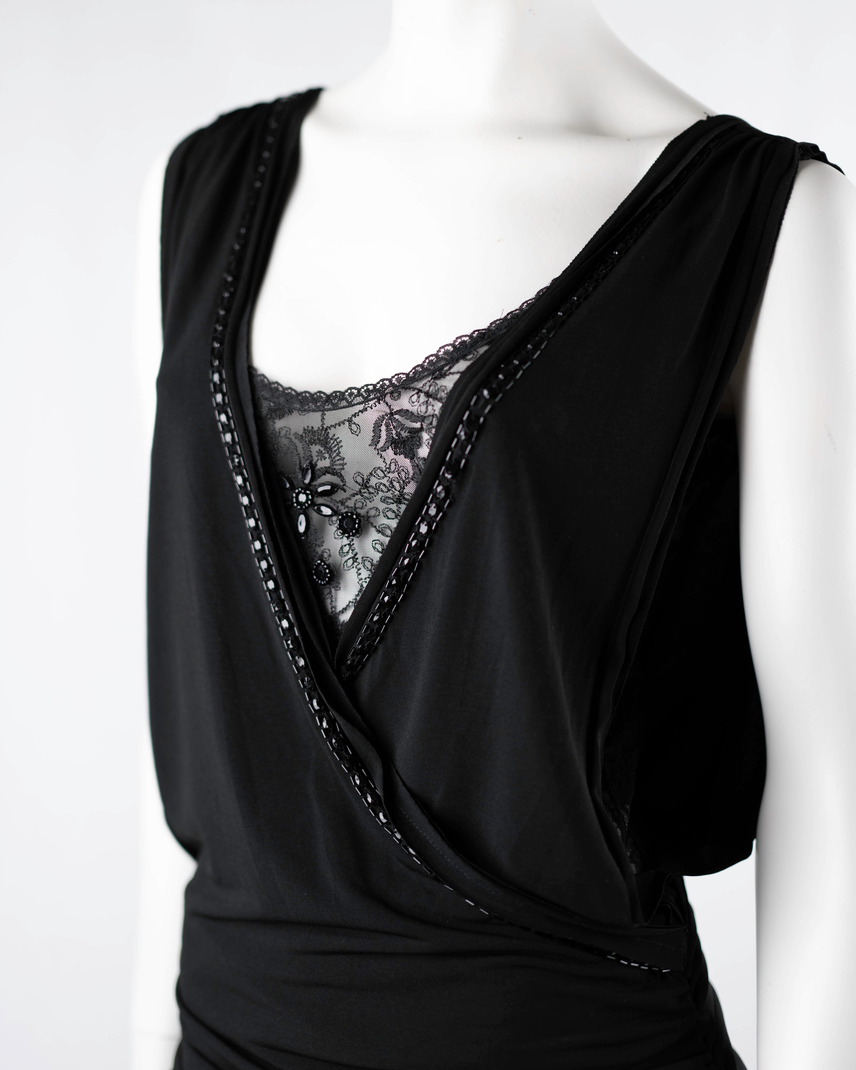 Morgan de Toi Black Lace Insert Draped Mini Dress