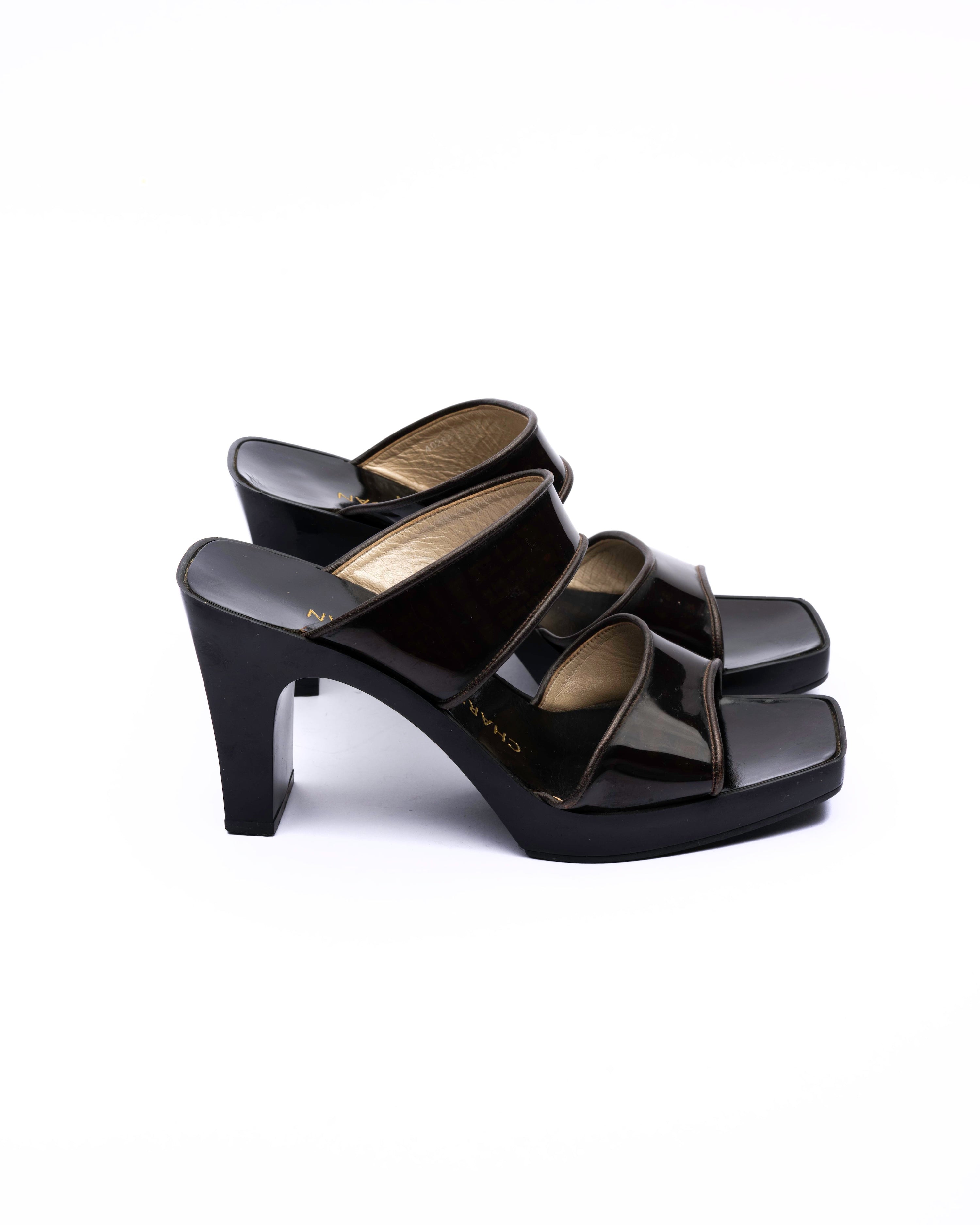 Charles Jourdan Black Patent Leather Platform Mules