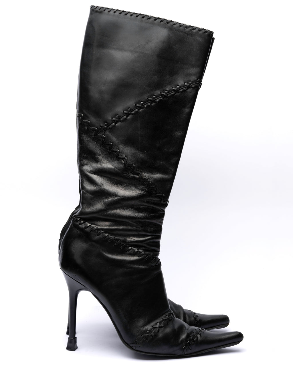 Casadei Black Leather Whipstitch Knee-High Boots