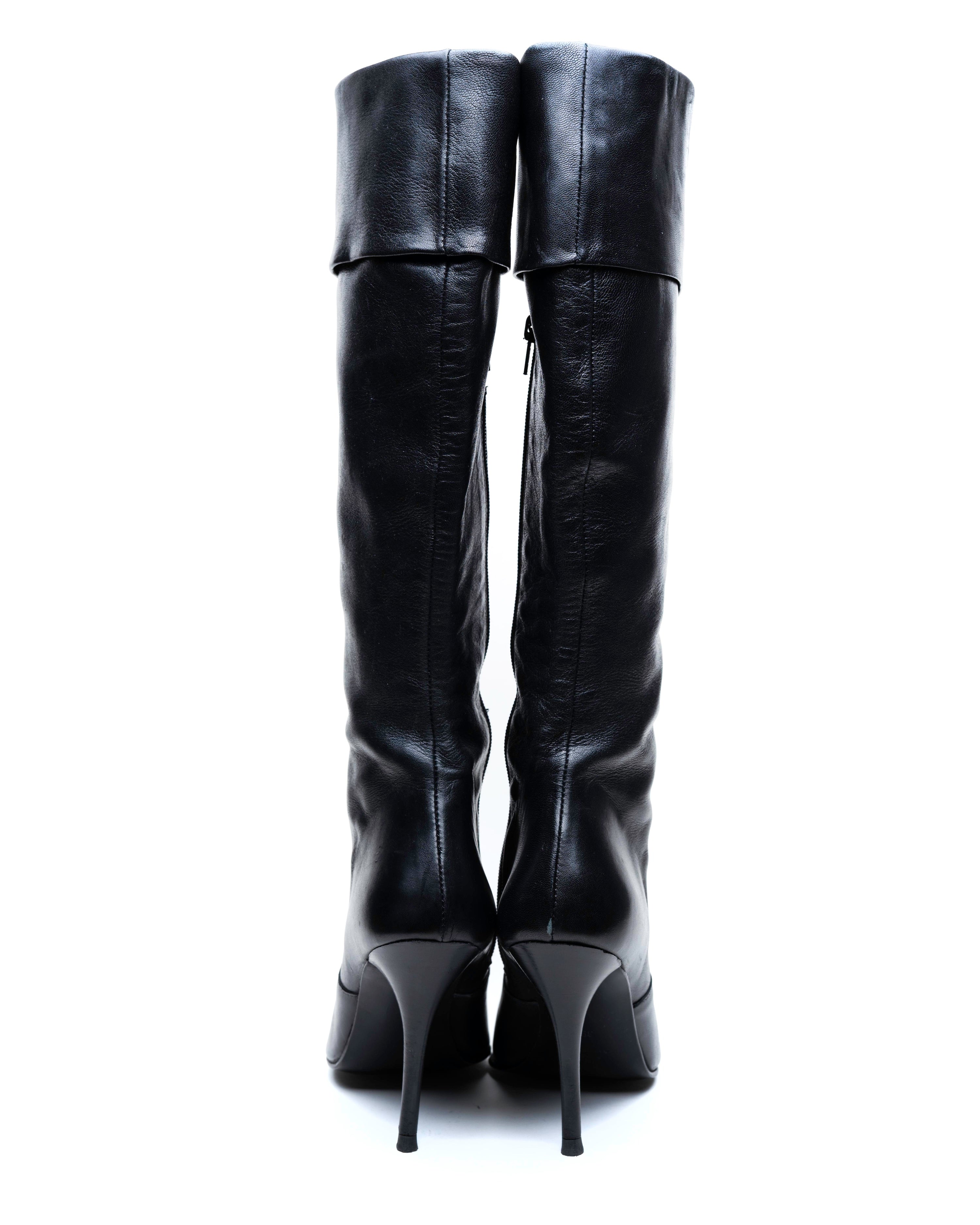 Black Leather Knee-High Stiletto Boots with Fold-Over Cuff