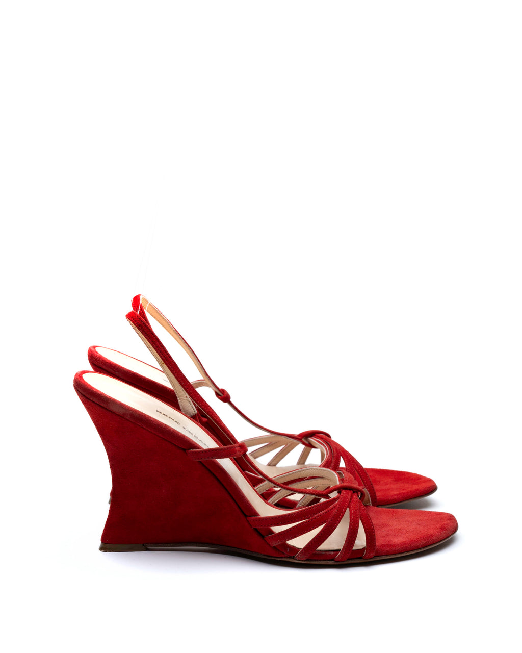 René Lézard Blood Red Suede Sculptural Wedge Slingbacks