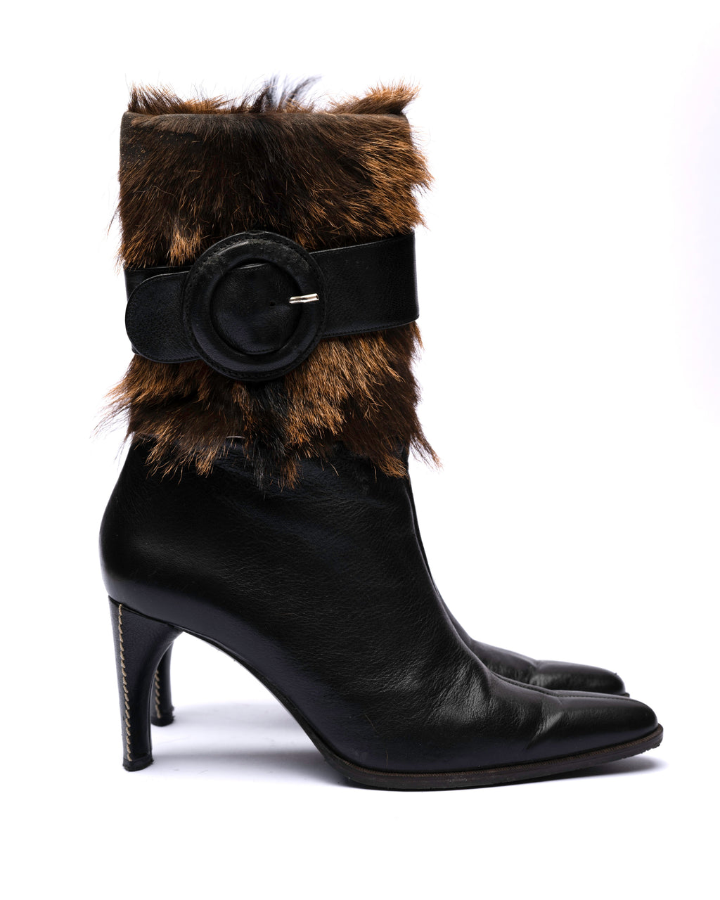 Charles Jourdan schwarze Mid-Calf Stiefel aus Leder mit Pelzbesatz