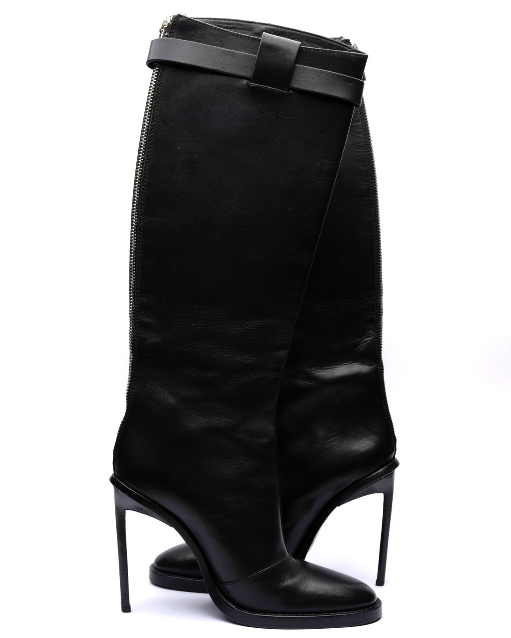 Black high-heeled knee-high boots with a bow detail on a white background