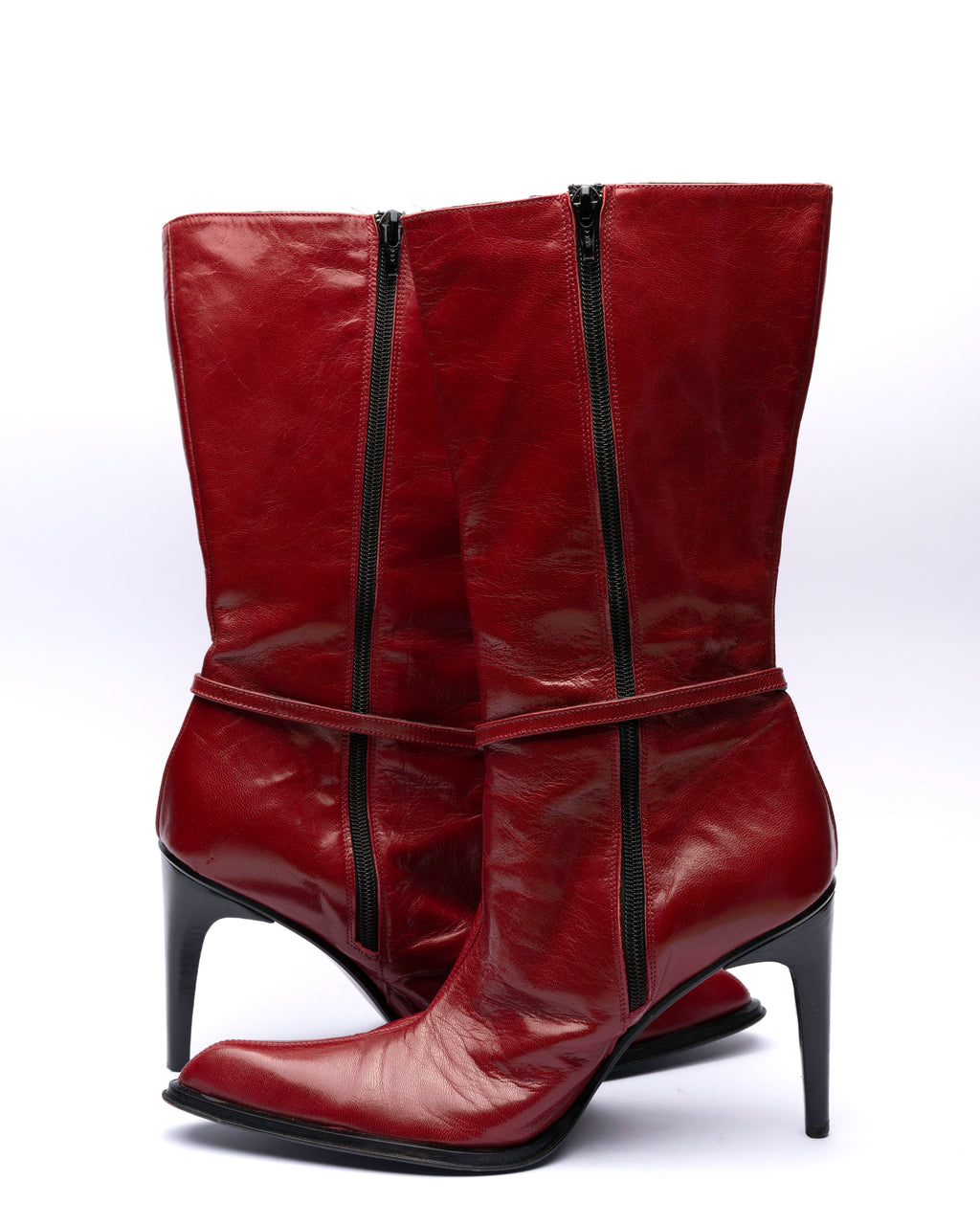Patrizzia Neri Red Leather Mid-Calf Boots